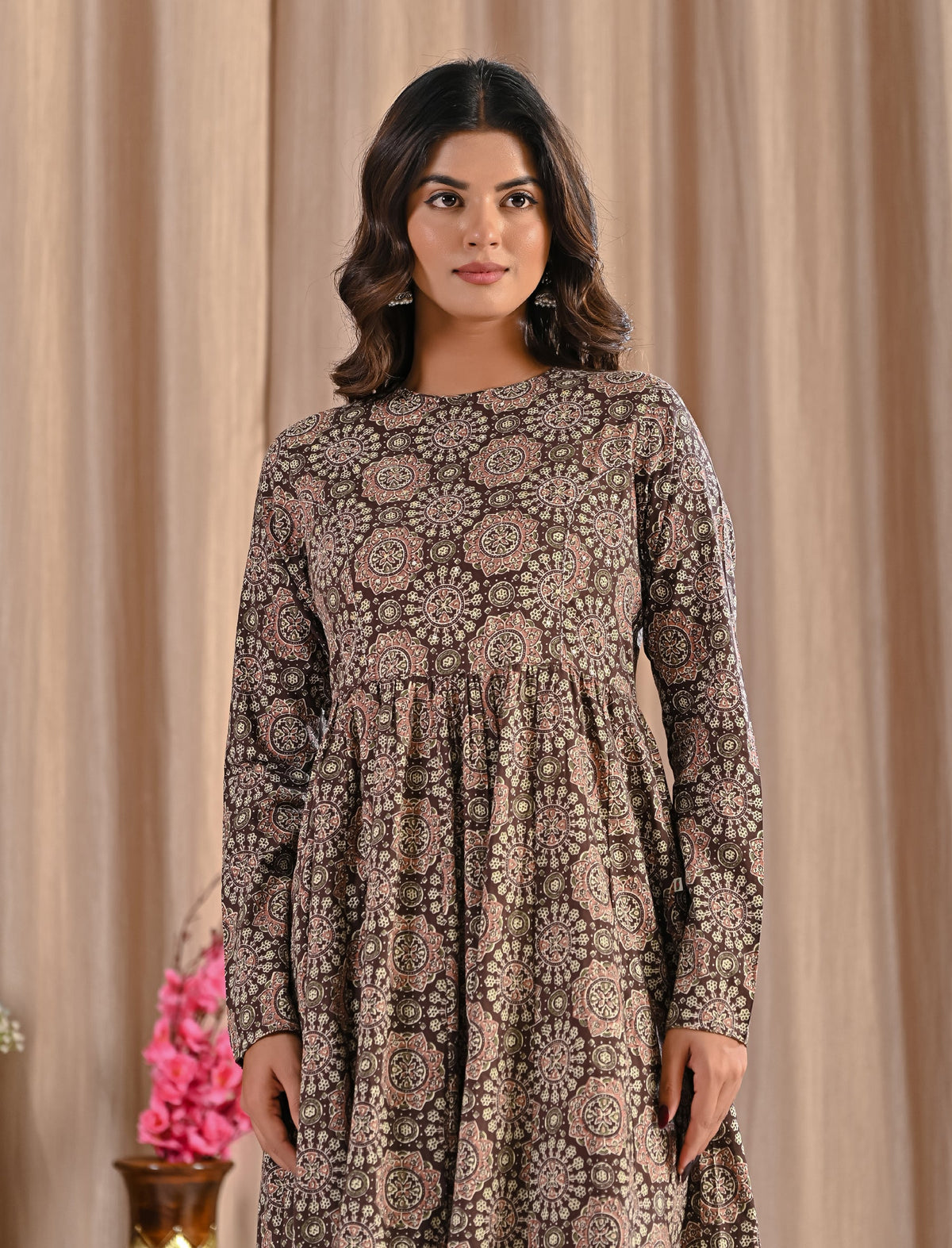 Hand Block Printed Beige Cotton Anarkali Dress