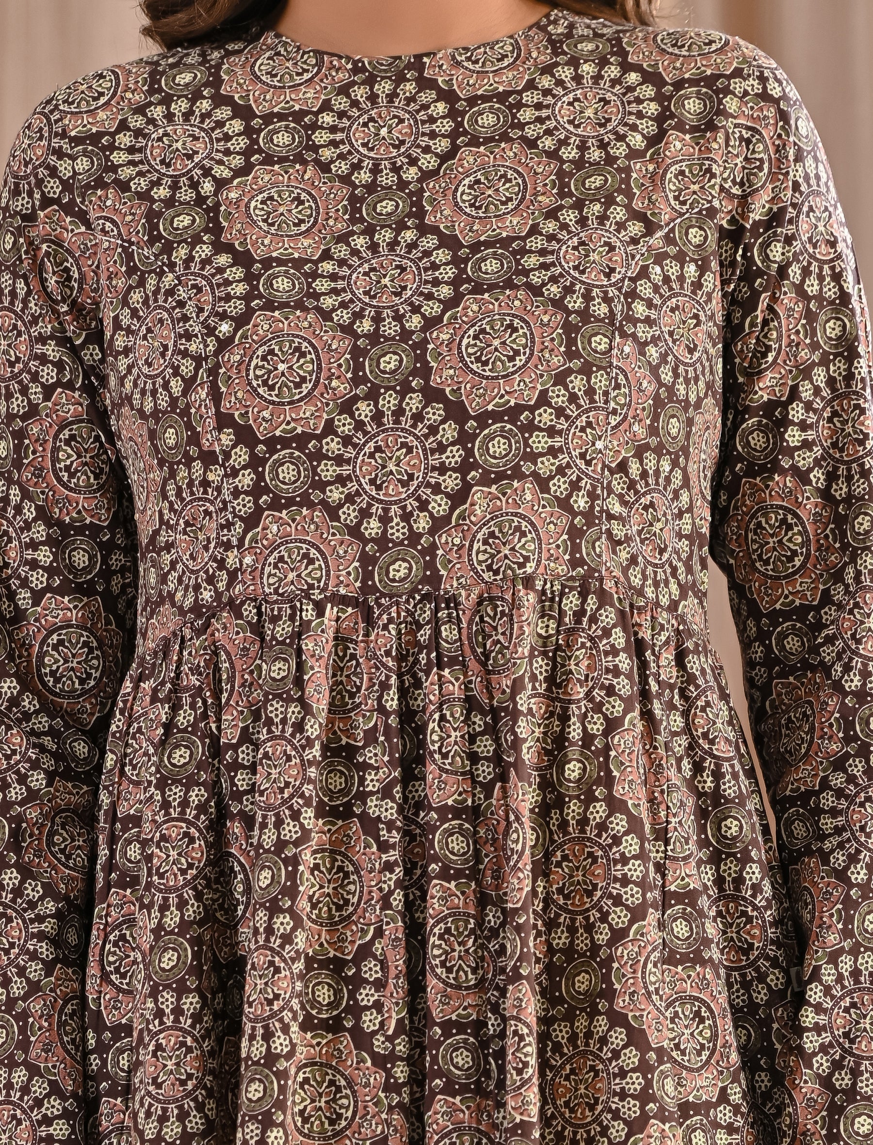 Hand Block Printed Beige Cotton Anarkali Dress