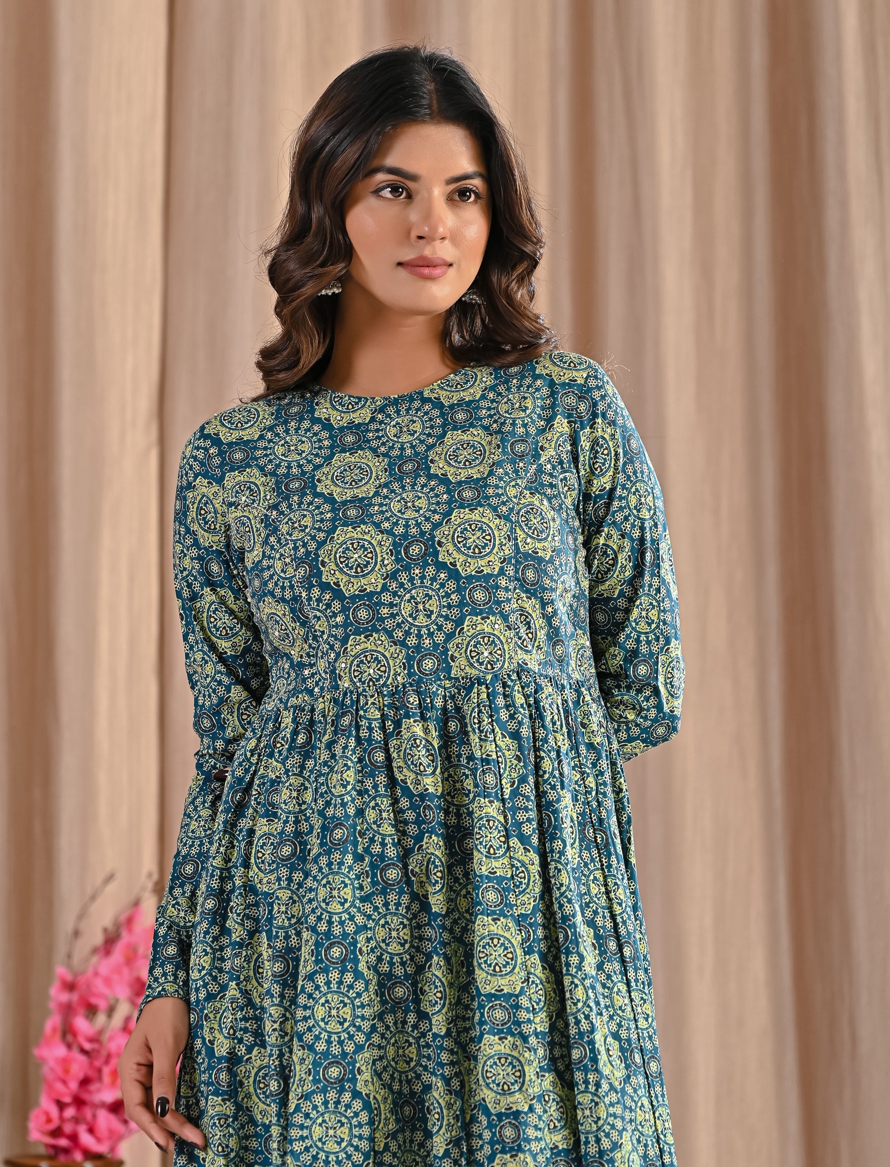 Hand Block Printed Sea Green Cotton Anarkali Dress