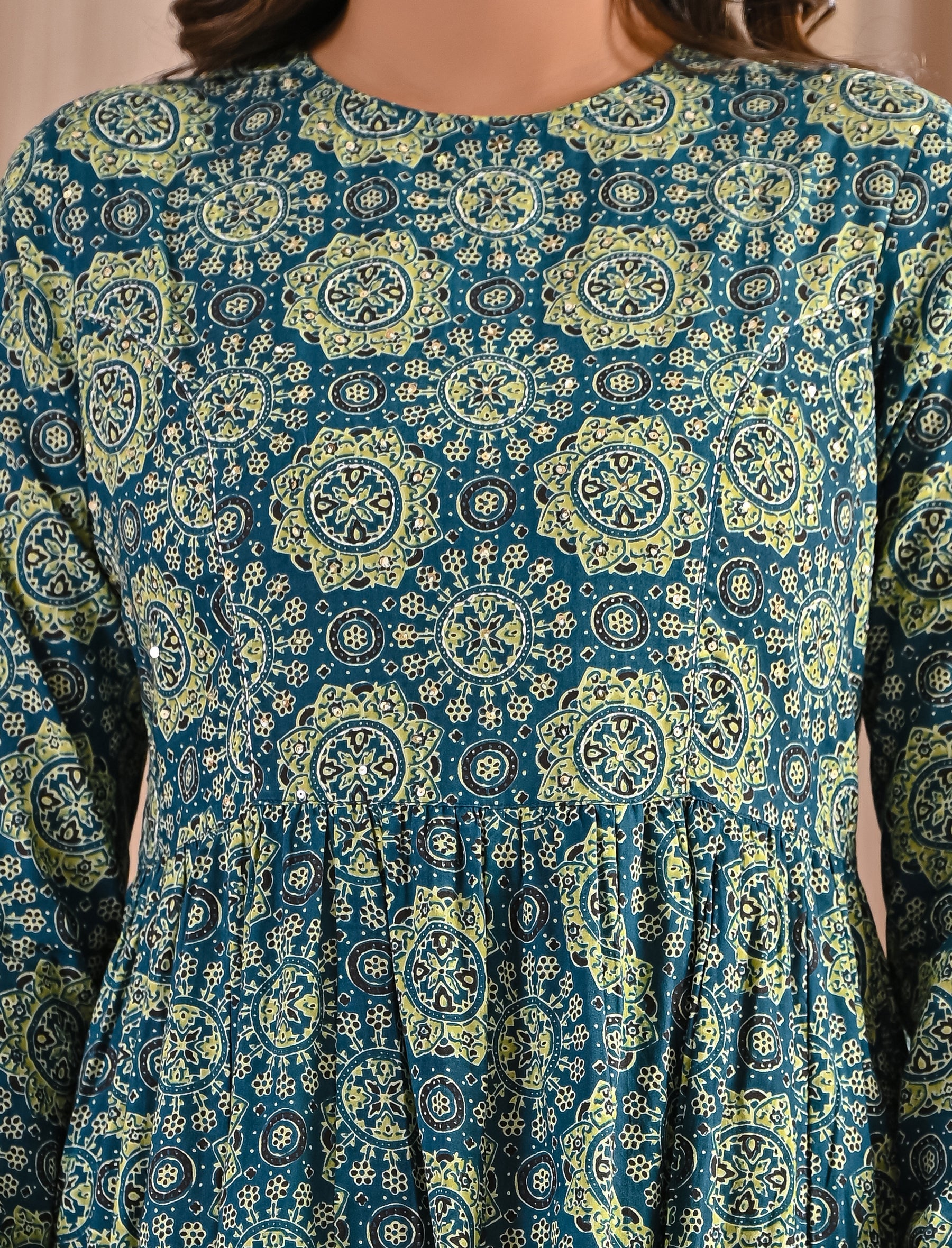 Hand Block Printed Sea Green Cotton Anarkali Dress