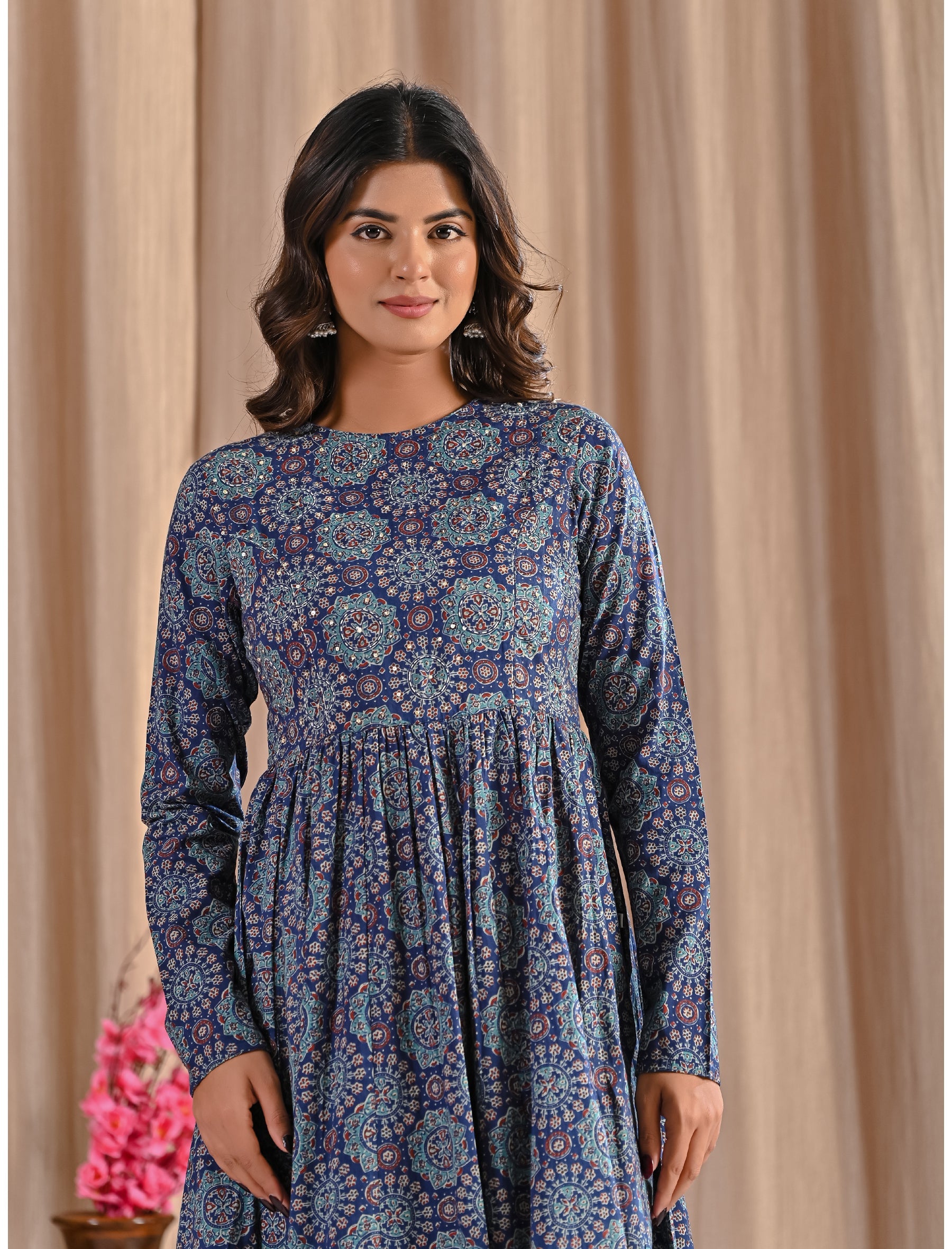 Hand Block Printed Blue Cotton Anarkali Dress