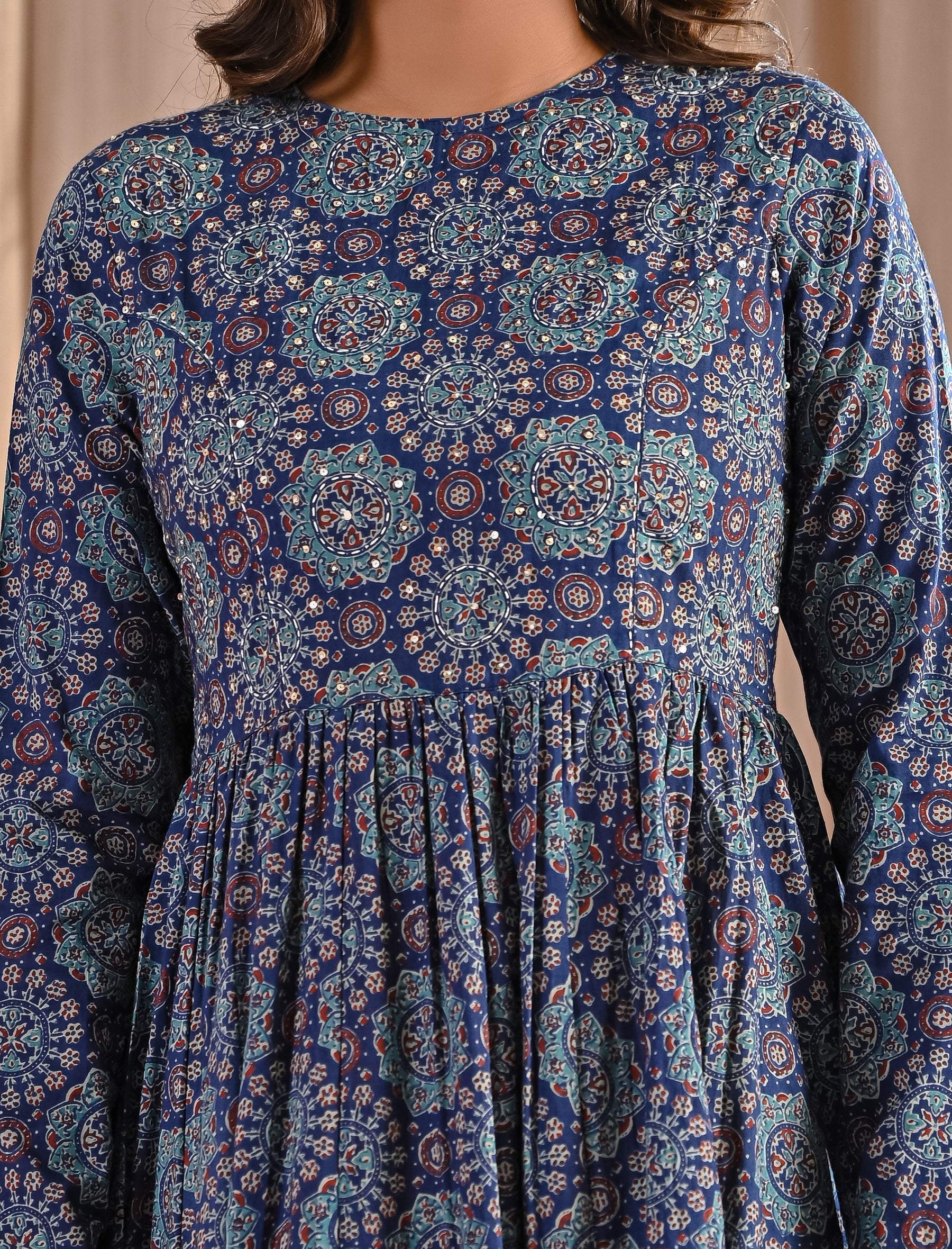 Hand Block Printed Blue Cotton Anarkali Dress