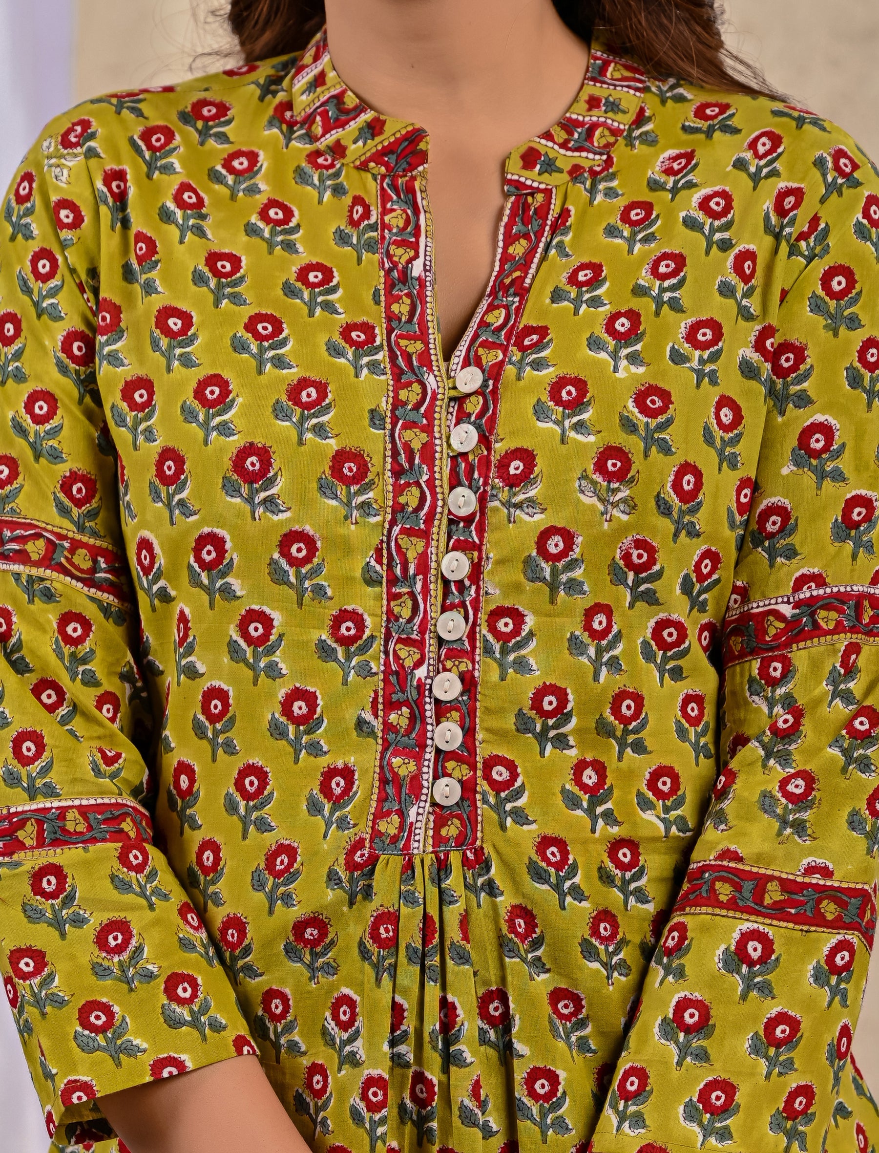 Green Butti Cotton Printed Top With Front Buttons