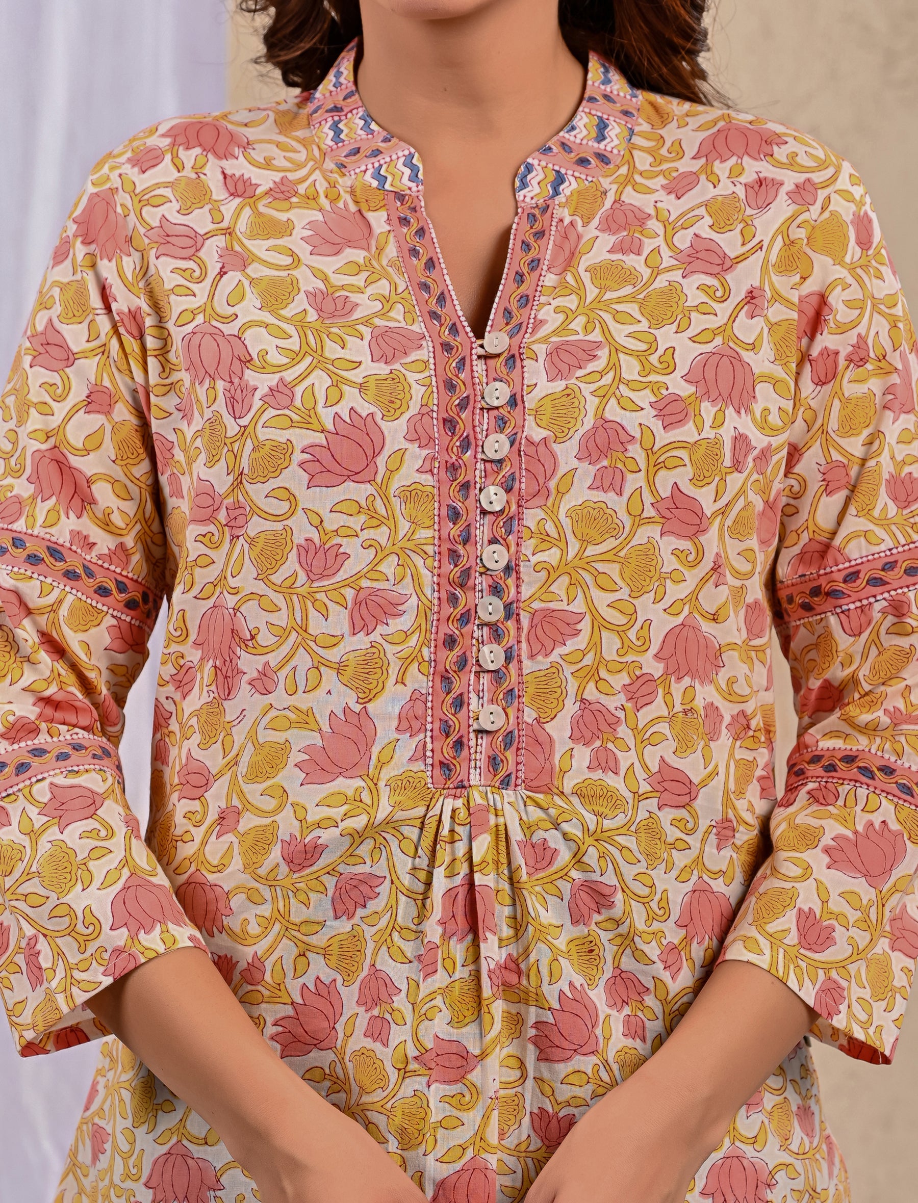 White Jaal Cotton Printed Top With Front Buttons