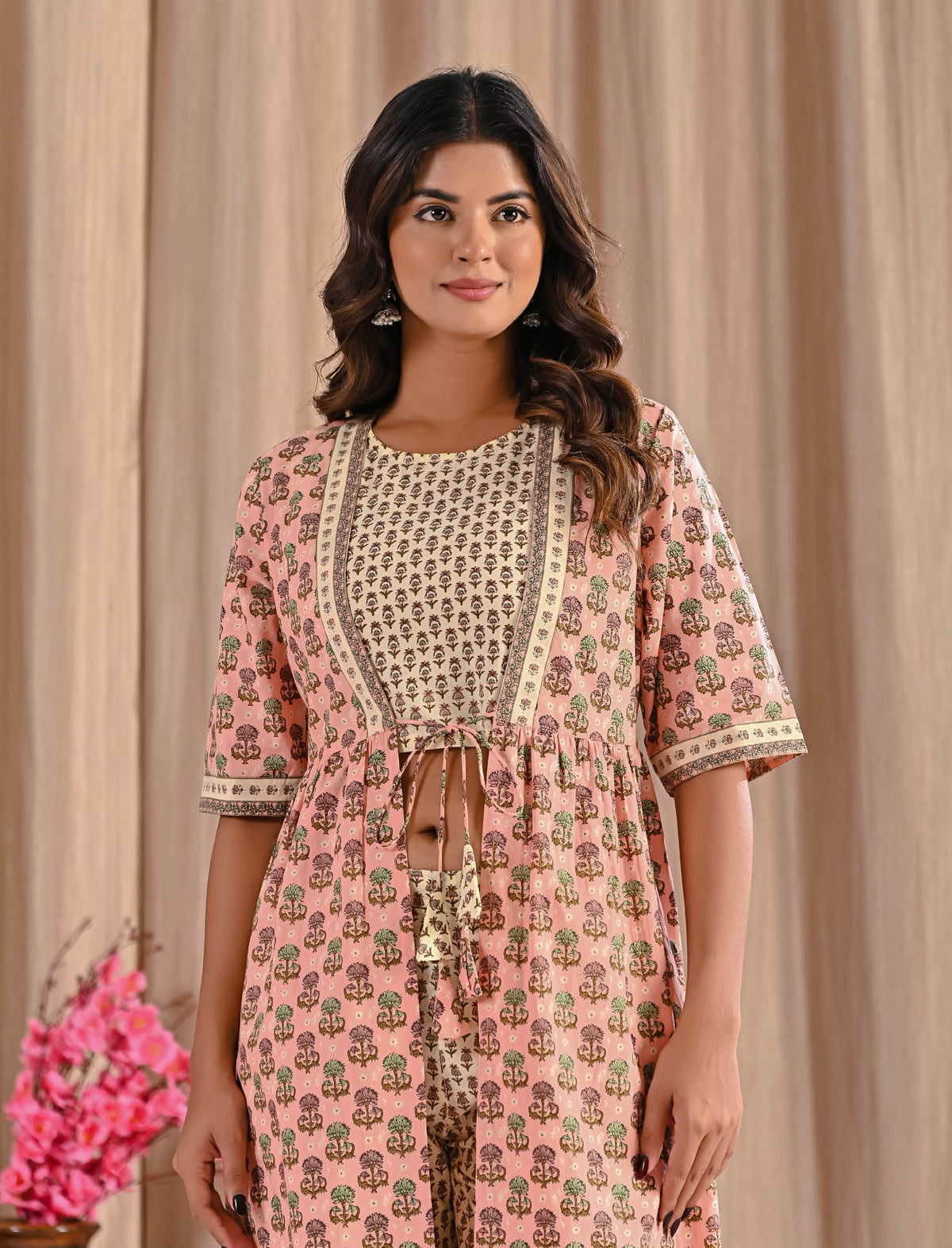 Peach Printed Cotton Shrug Co-Ord Set
