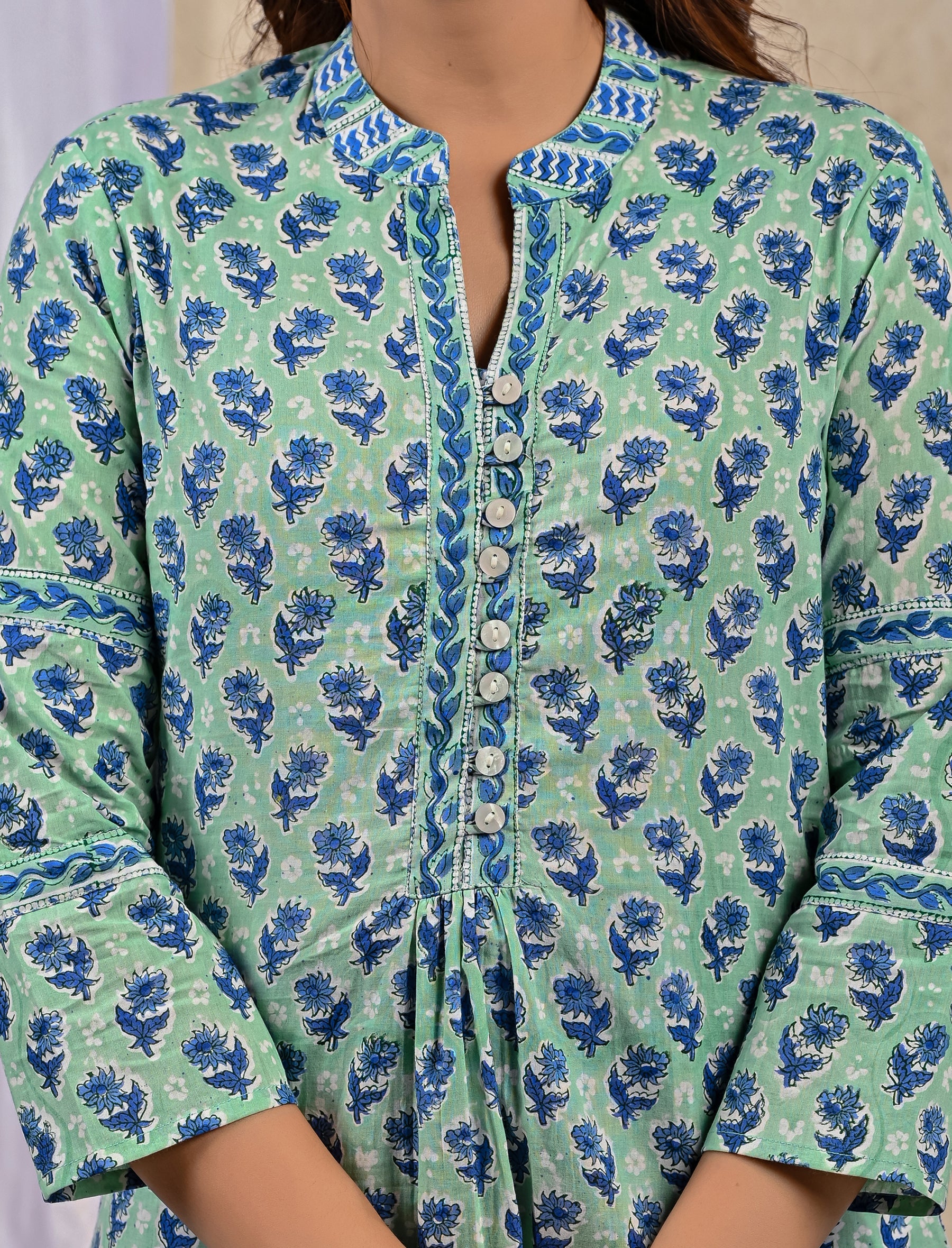 Sea Blue Butti Cotton Printed Top With Front Buttons