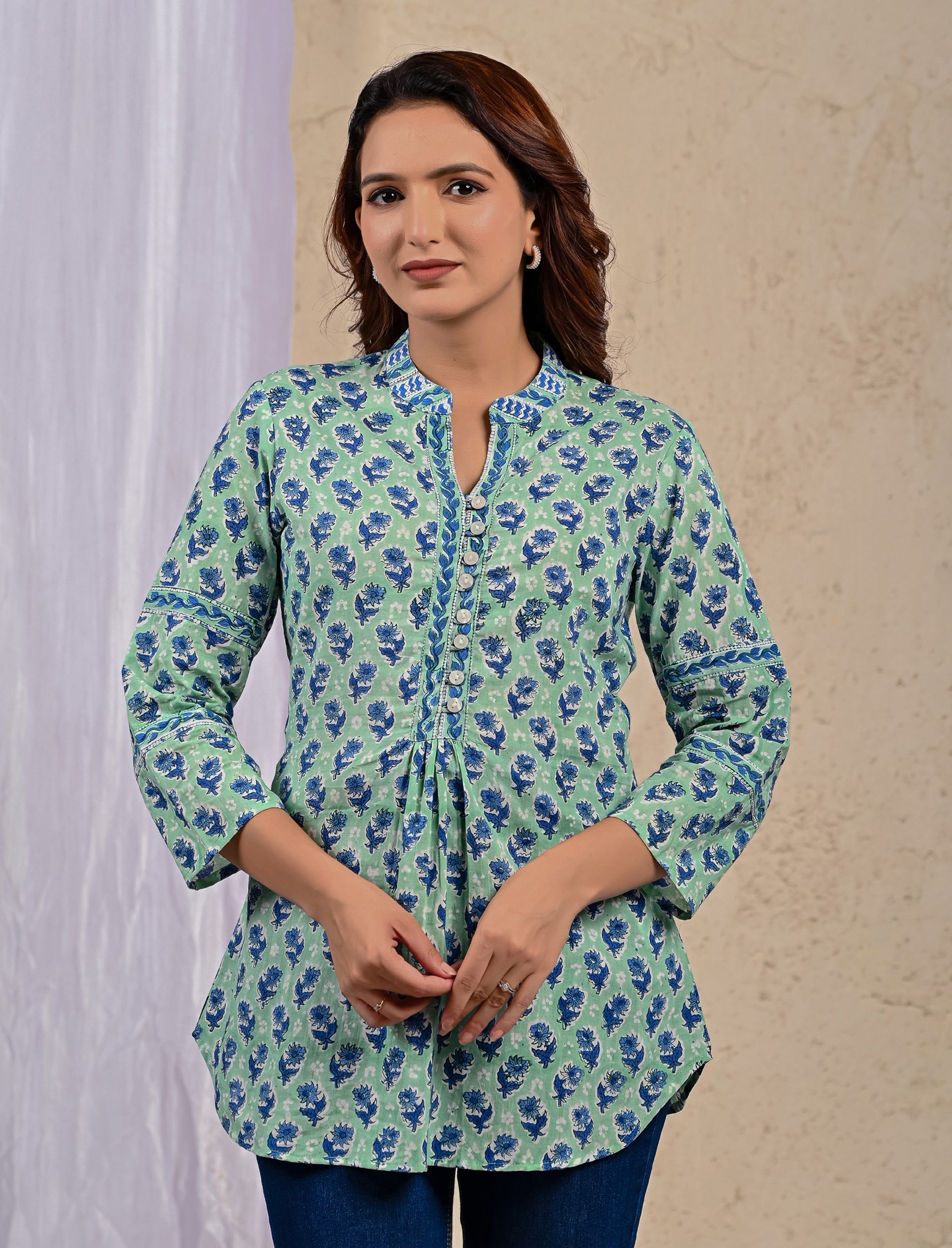 Sea Blue Butti Cotton Printed Top With Front Buttons