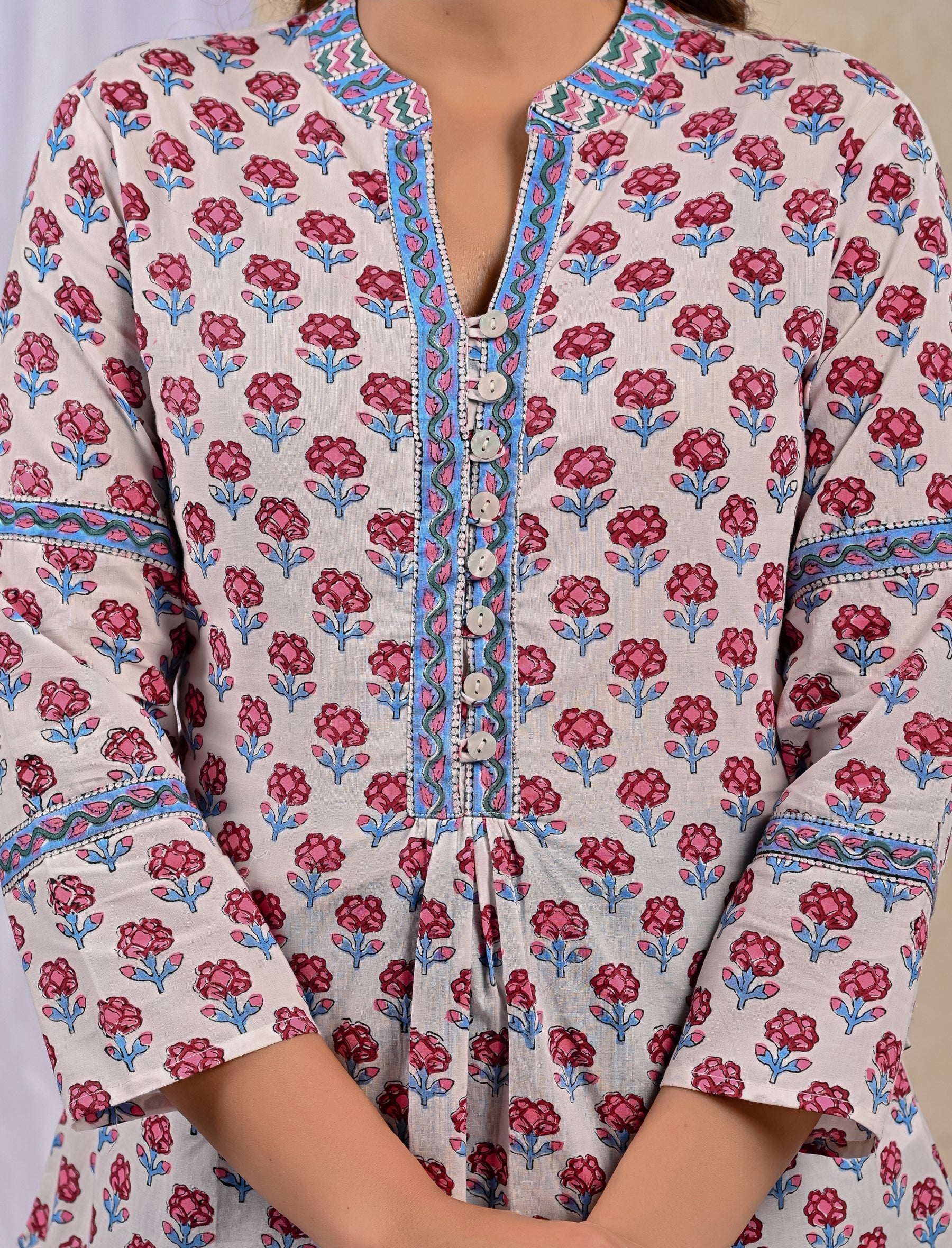 White Butti Cotton Printed Top With Front Buttons