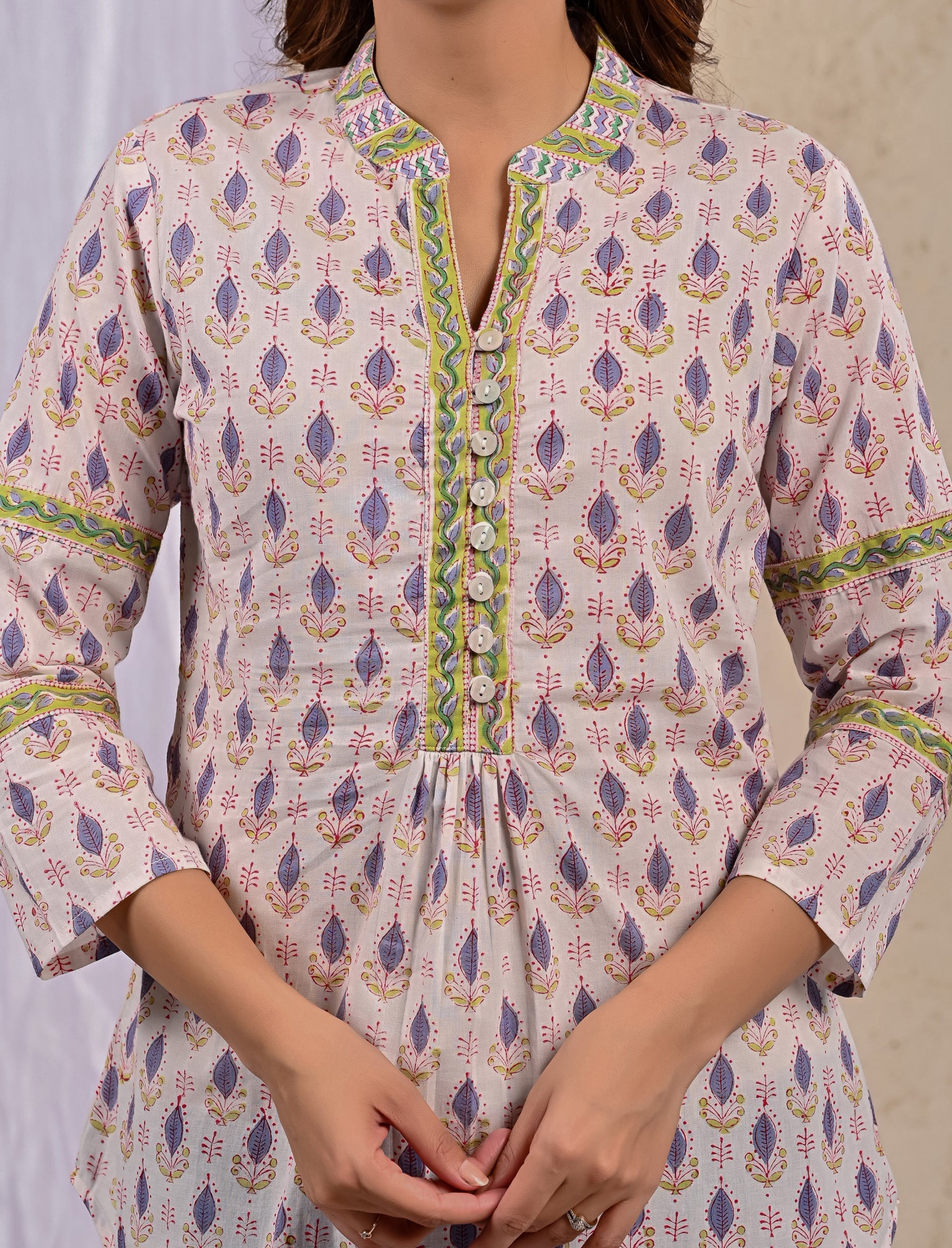 White Butti Cotton Printed Top With Front Buttons