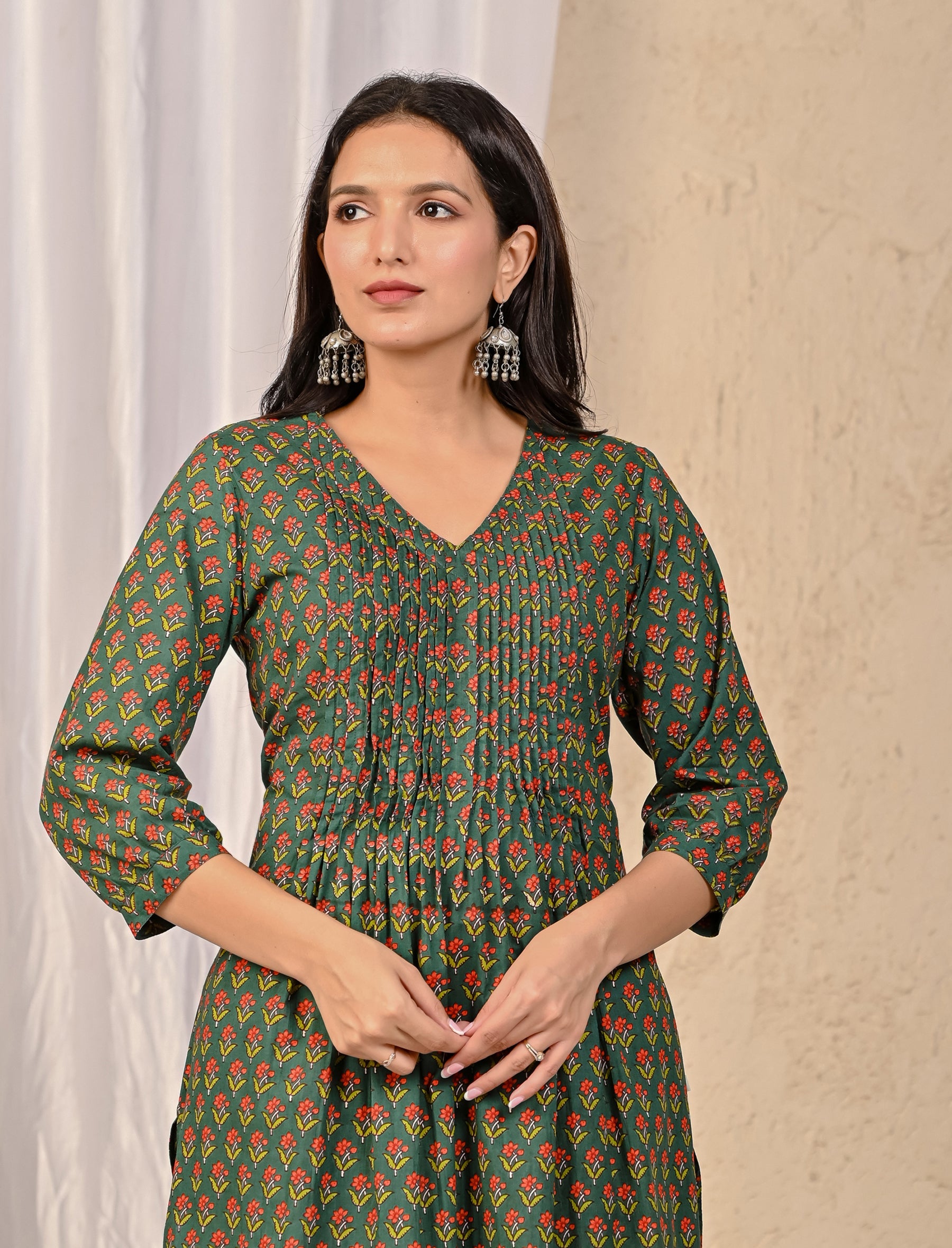 Green Block Printed Cotton Kurta Pant Set