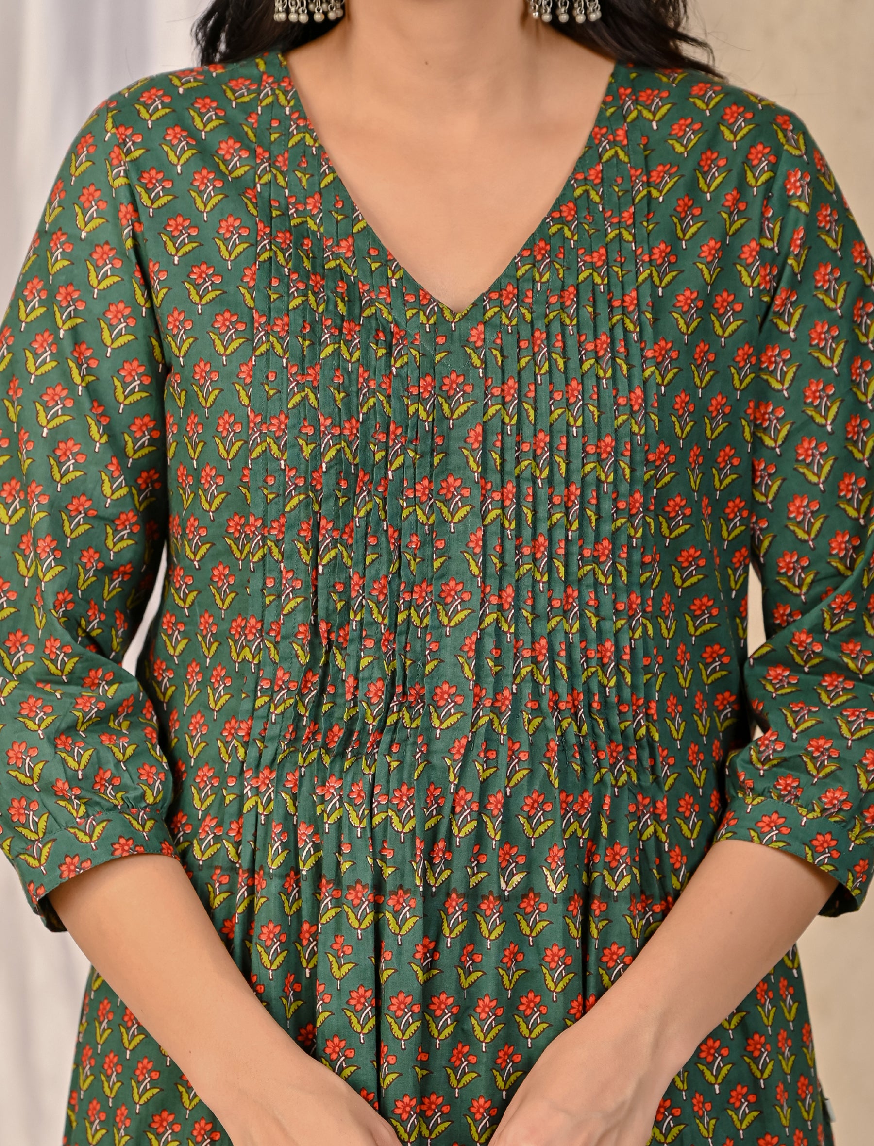 Green Block Printed Cotton Kurta Pant Set