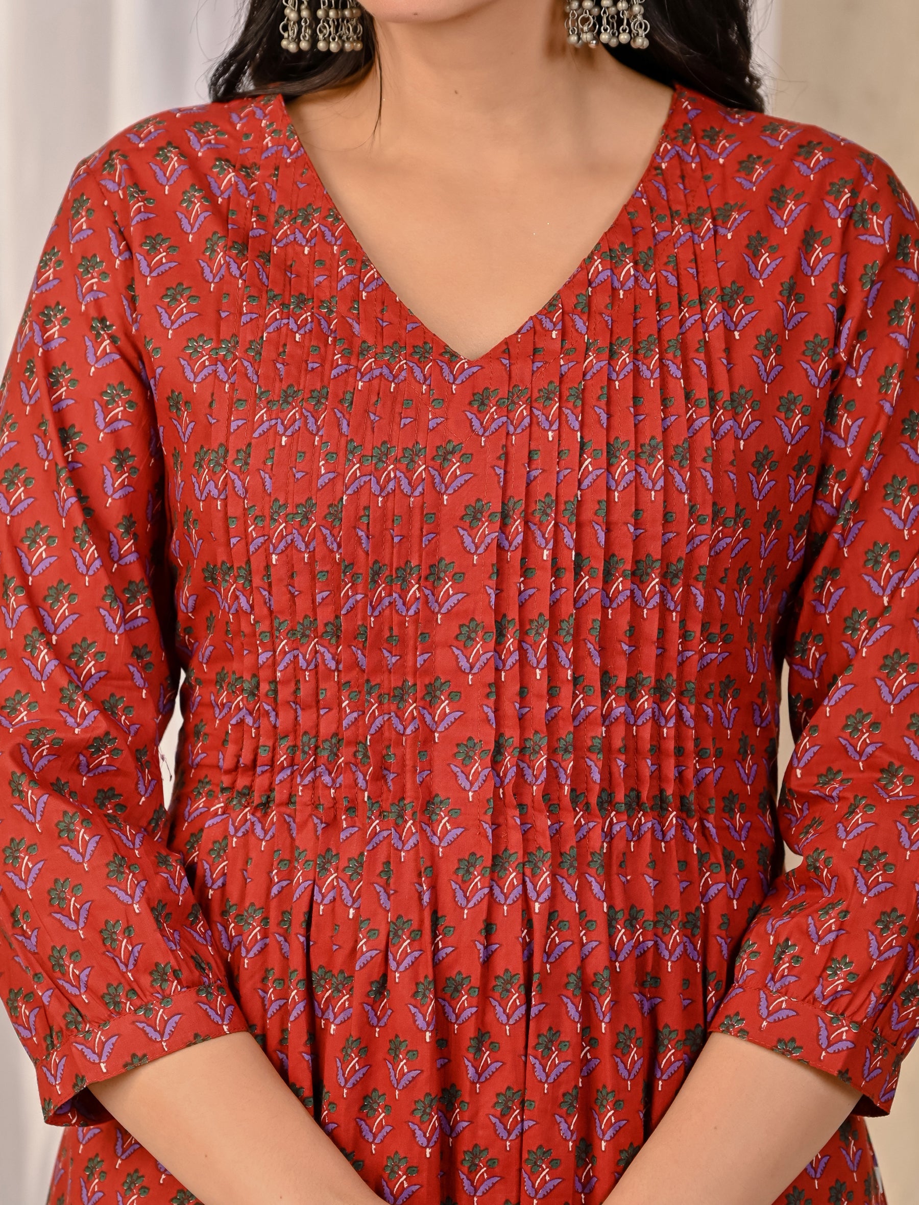 Red Block Printed Cotton Kurta Pant Set