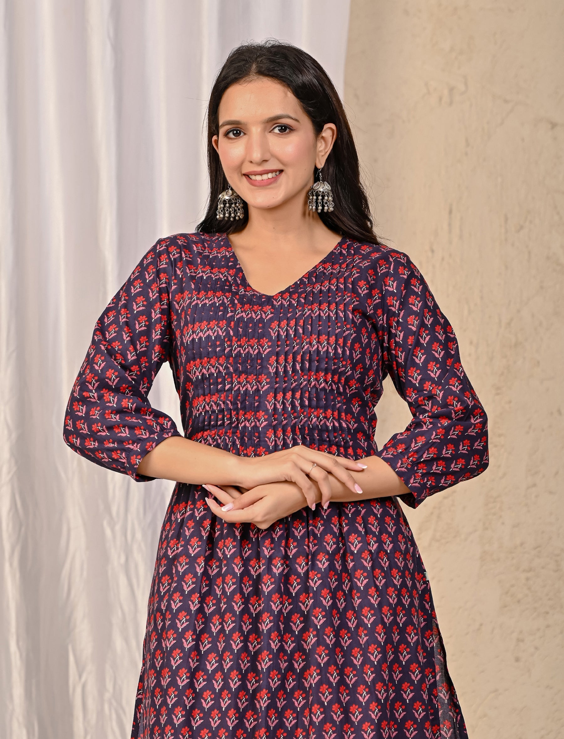 Dark Purple Block Printed Cotton Kurta Pant Set