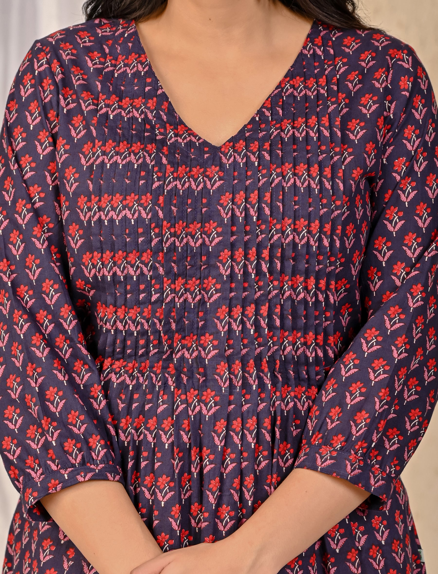 Dark Purple Block Printed Cotton Kurta Pant Set