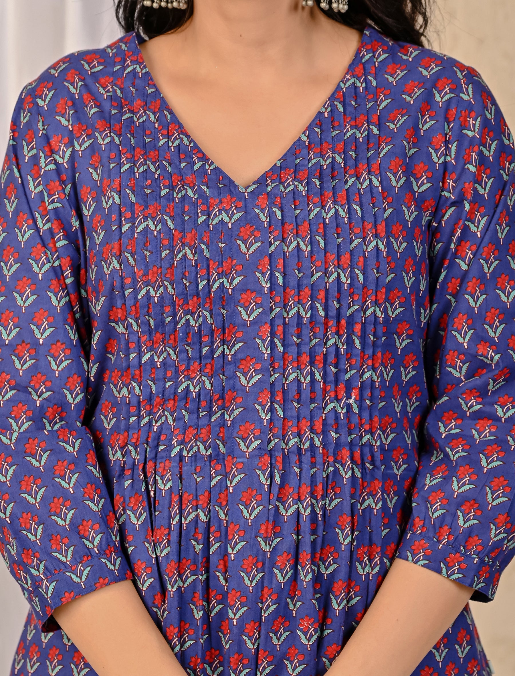 Blue Block Printed Cotton Kurta Pant Set