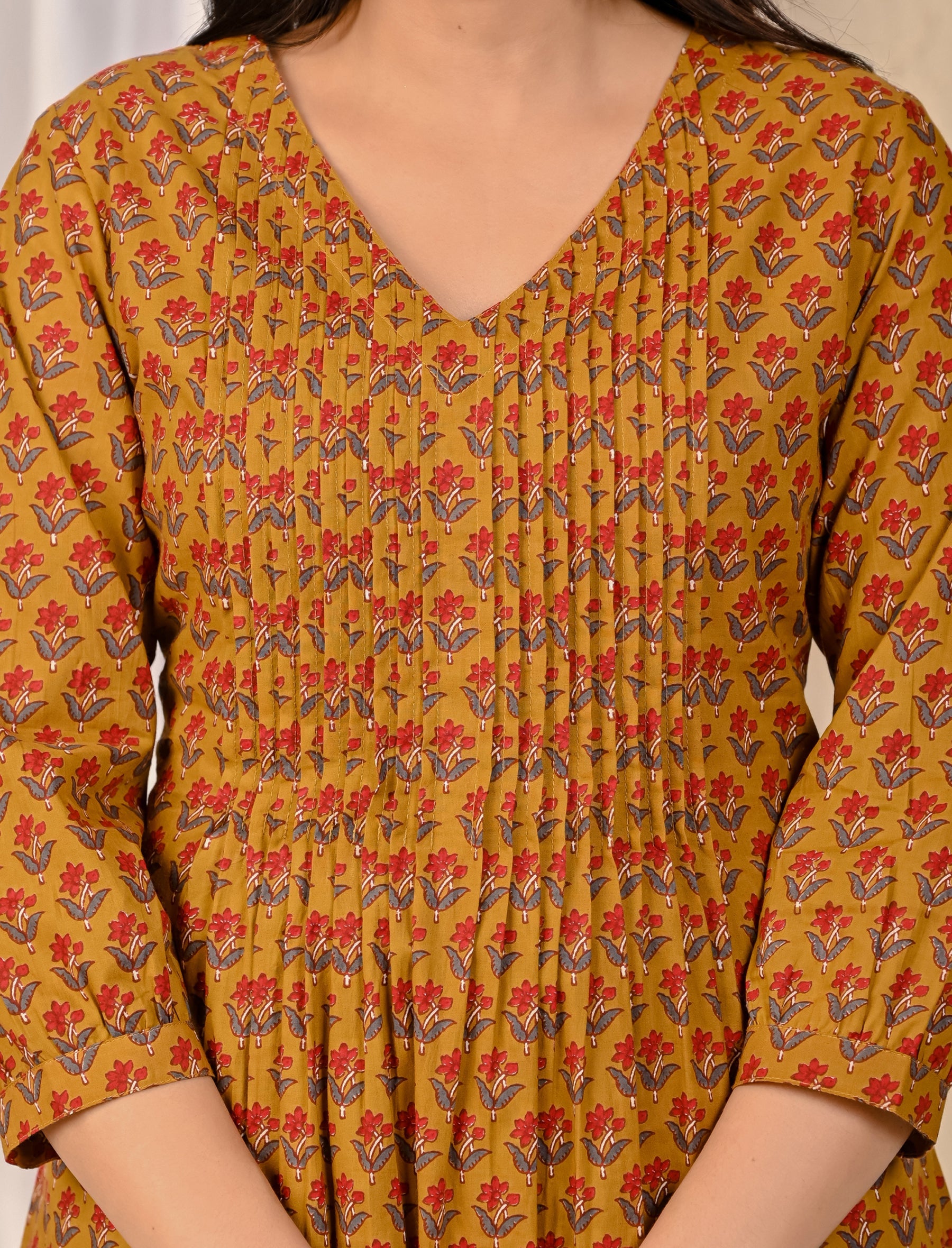 Mustard Block Printed Cotton Kurta Pant Set