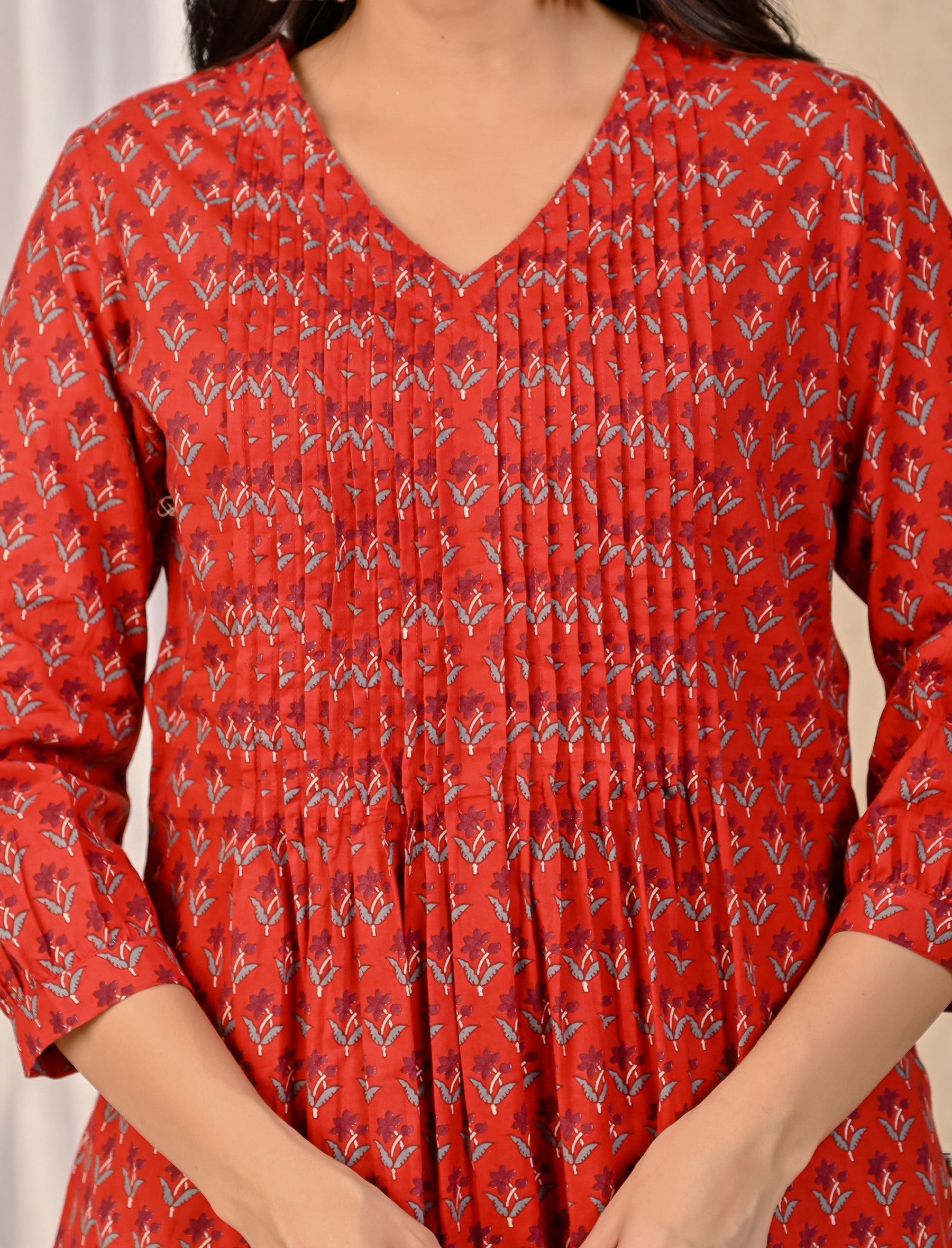 Red Block Printed Cotton Kurta Pant Set
