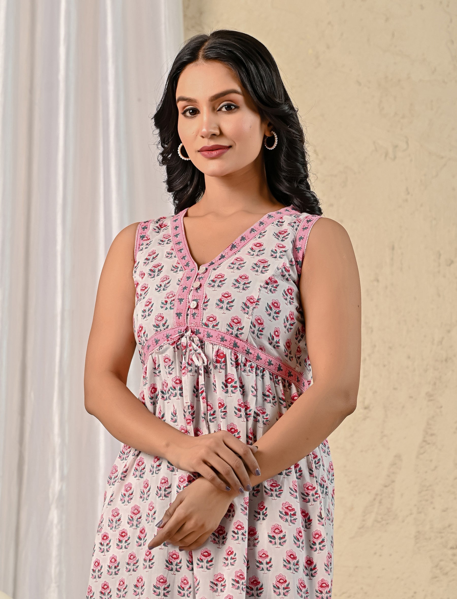 White Pink Butti Block Printed Mulmul Cotton Dress