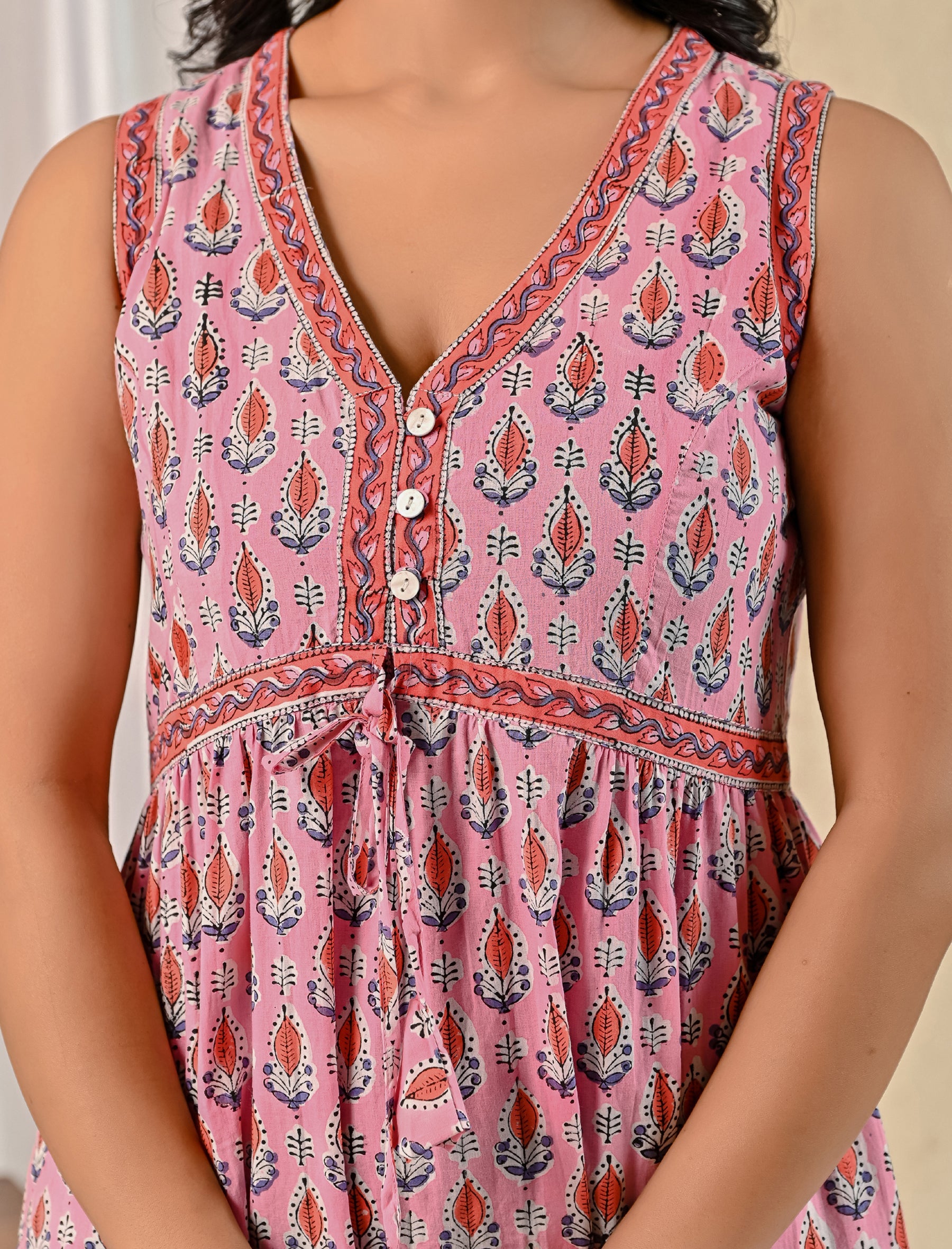 Pink Butta Block Printed Mulmul Cotton Dress