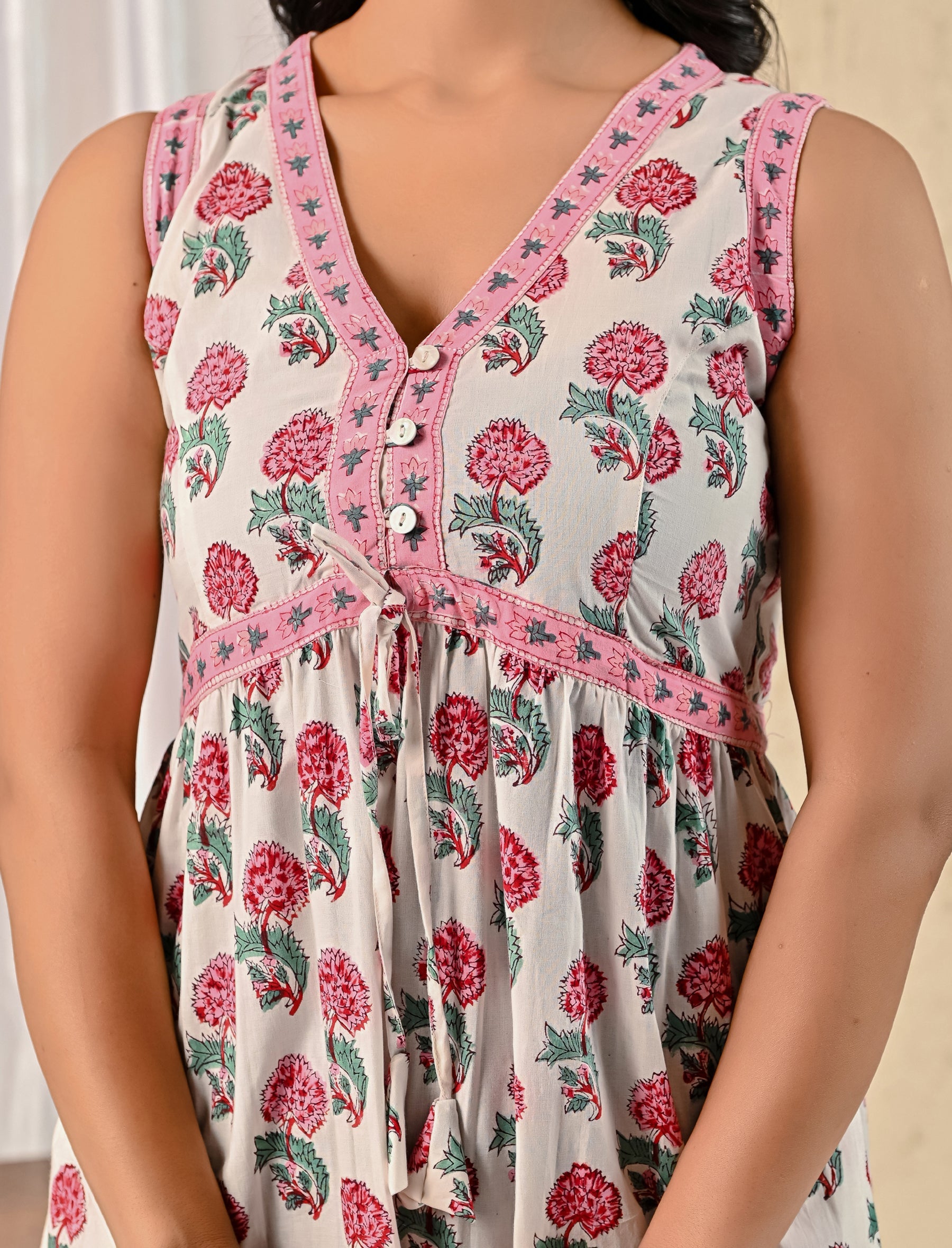 White Red Floral Butta Block Printed Mulmul Cotton Dress