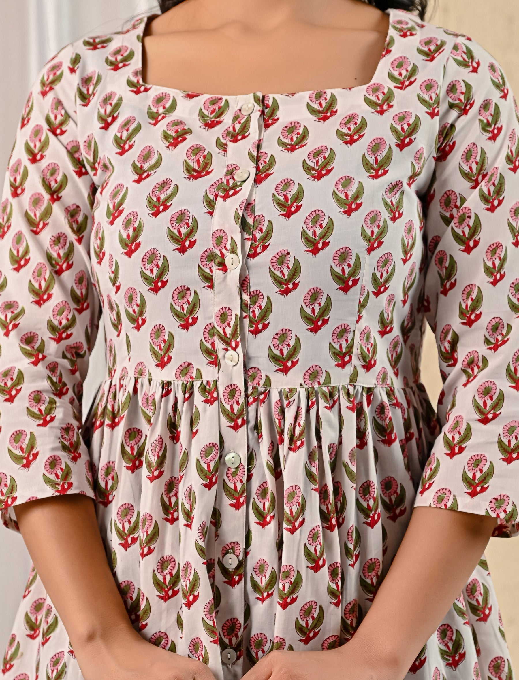 White Pink Butta Hand Block Printed Cotton Dress With Front Buttons
