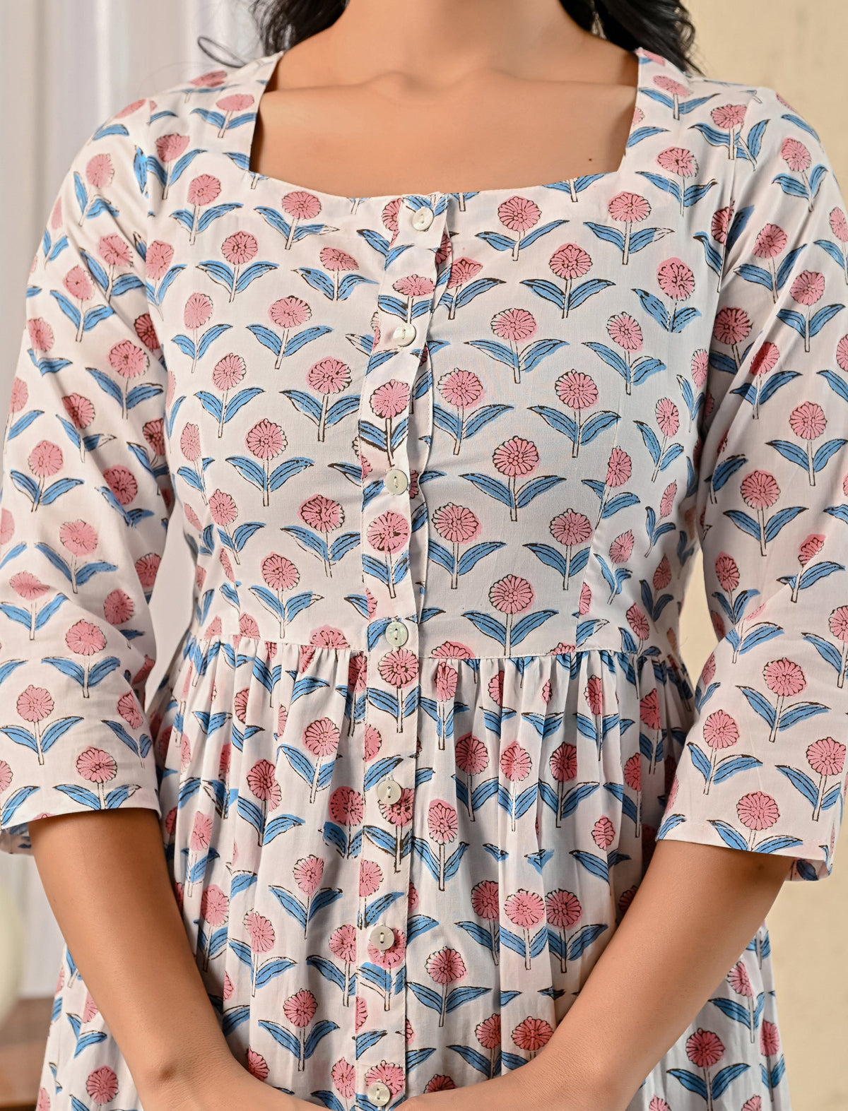 White Butta Hand Block Printed Cotton Dress With Front Buttons