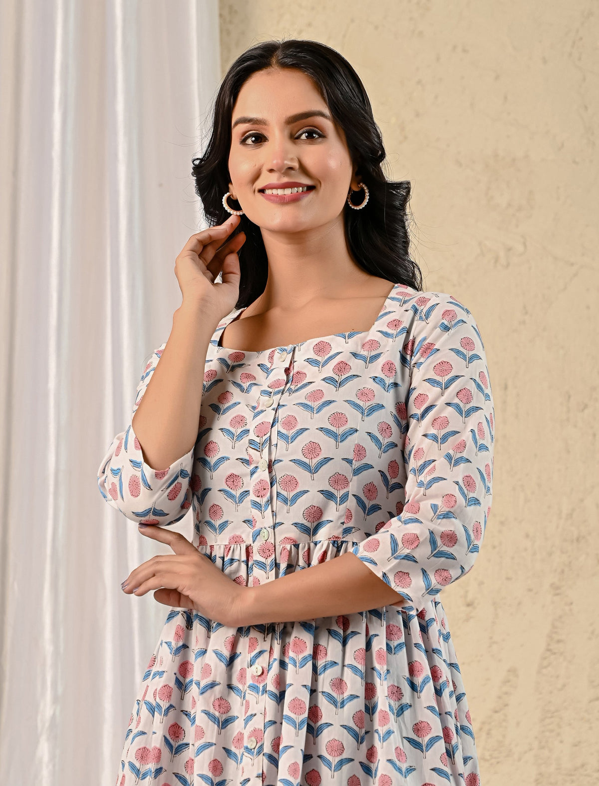 White Butta Hand Block Printed Cotton Dress With Front Buttons