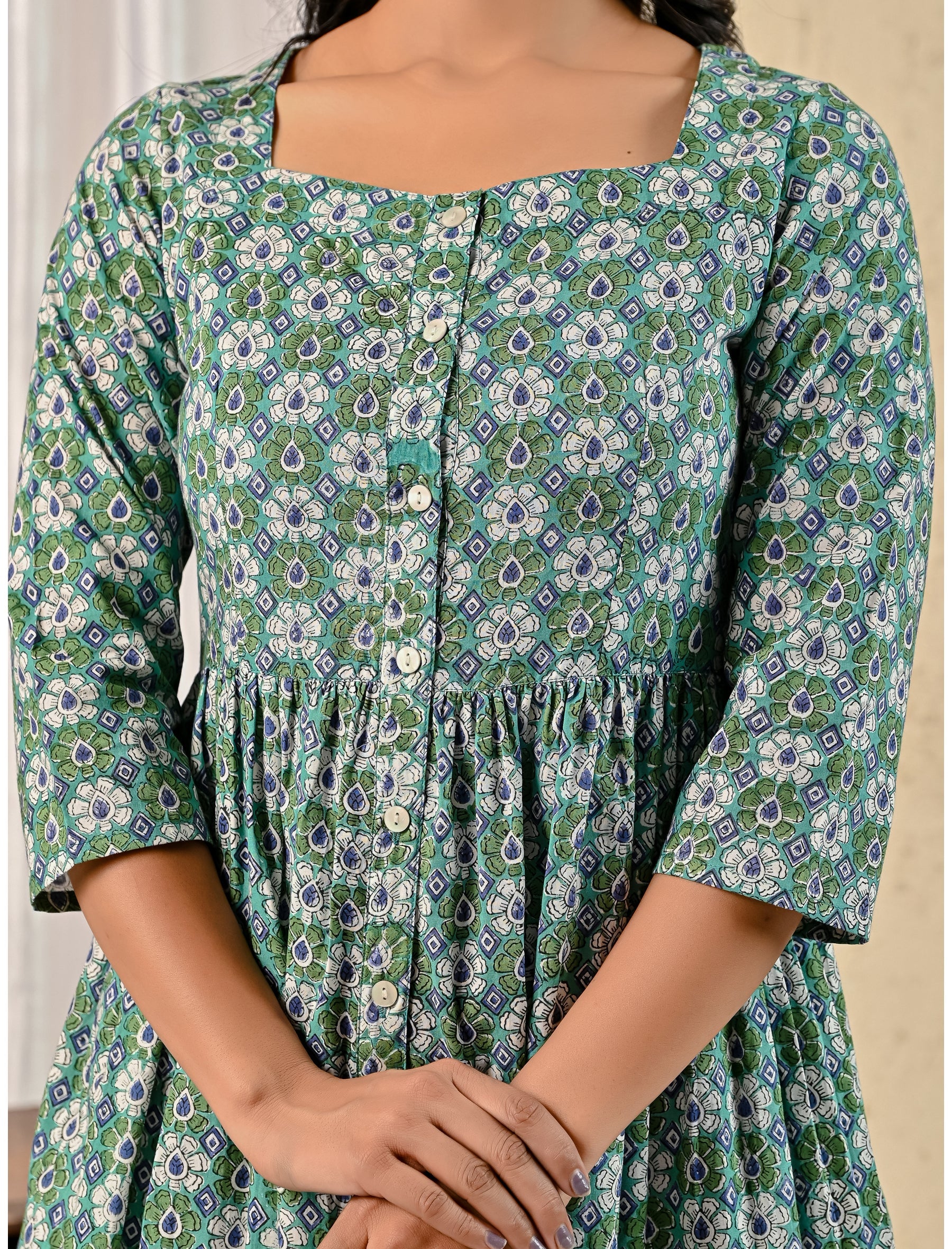 Green Jaal Hand Block Printed Cotton Dress With Front Buttons