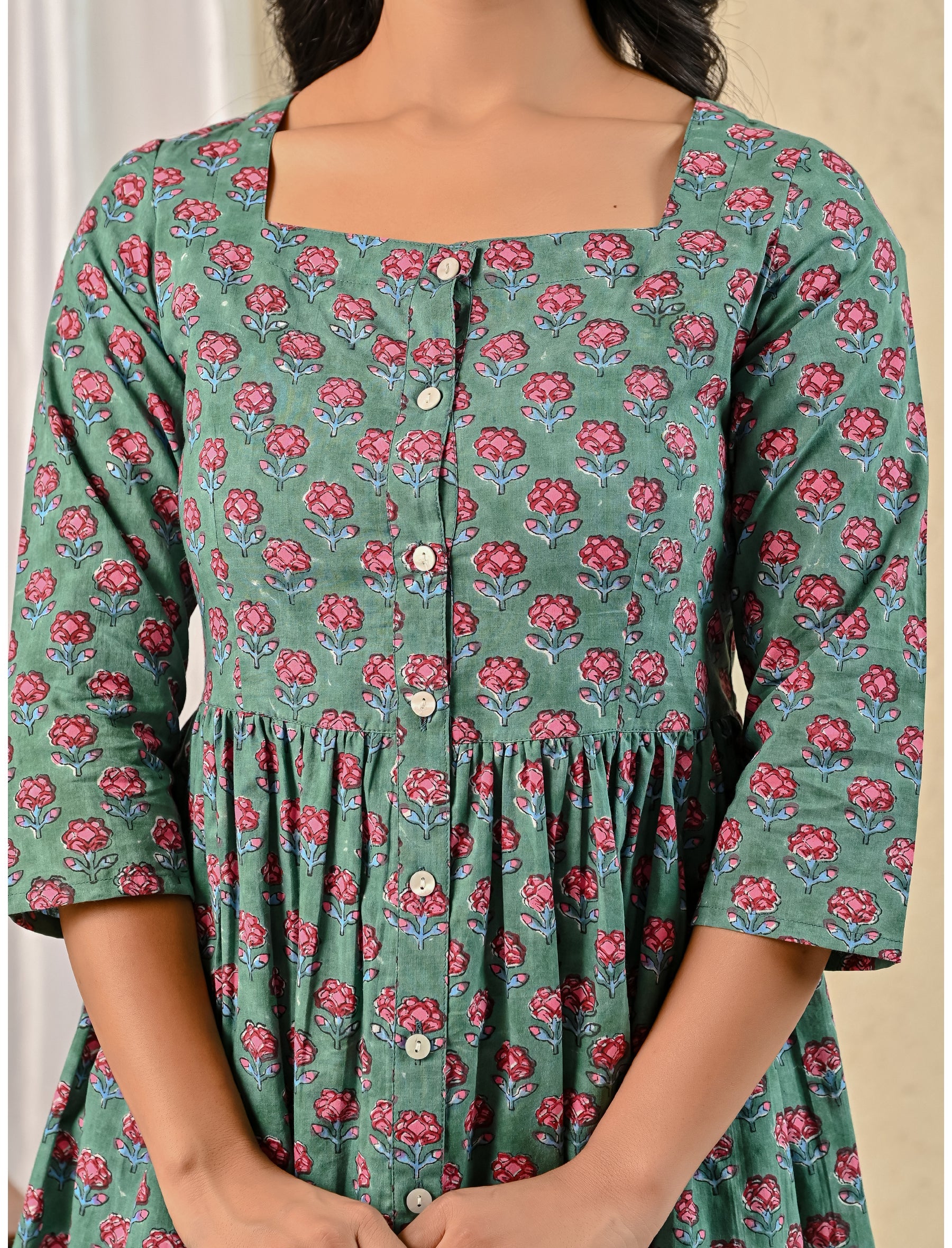 Green Flower Hand Block Printed Cotton Dress With Front Buttons