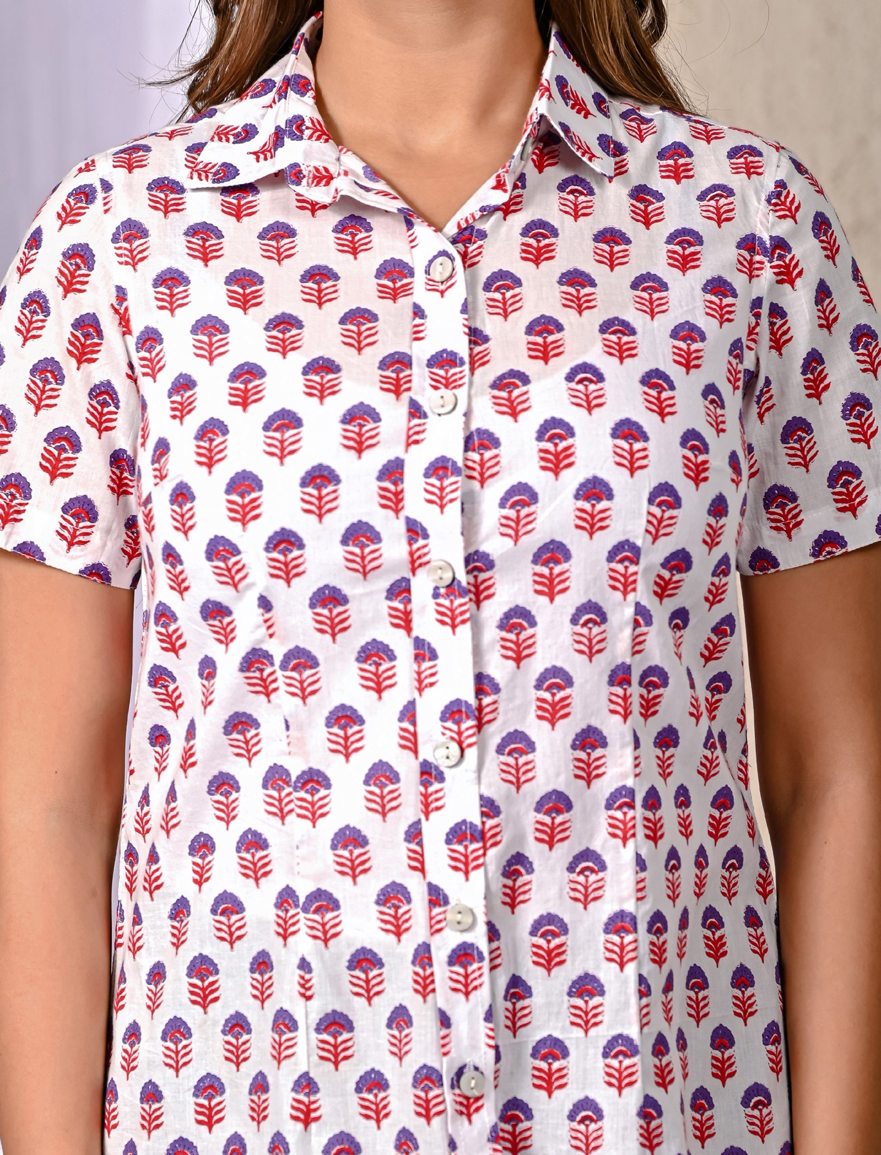 White Cotton Printed Full Sleeves Shirt For Women
