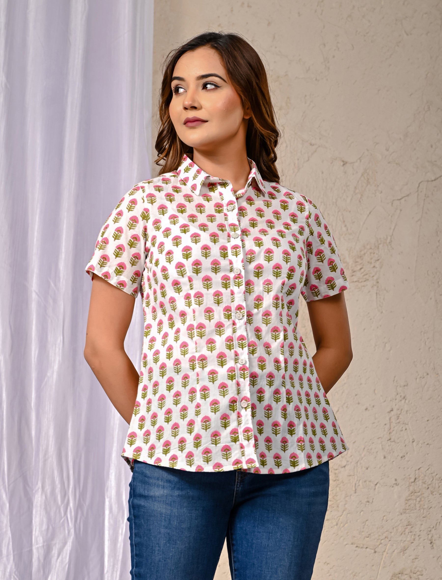 White Cotton Printed Half Sleeves Shirt For Women
