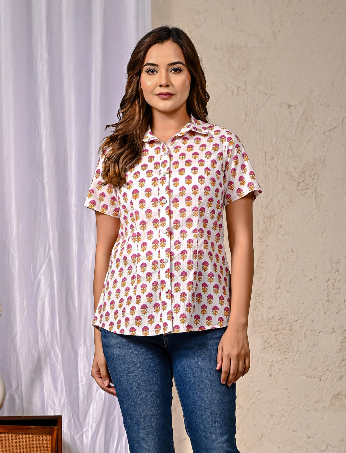 White Cotton Printed Half Sleeves Shirt For Women