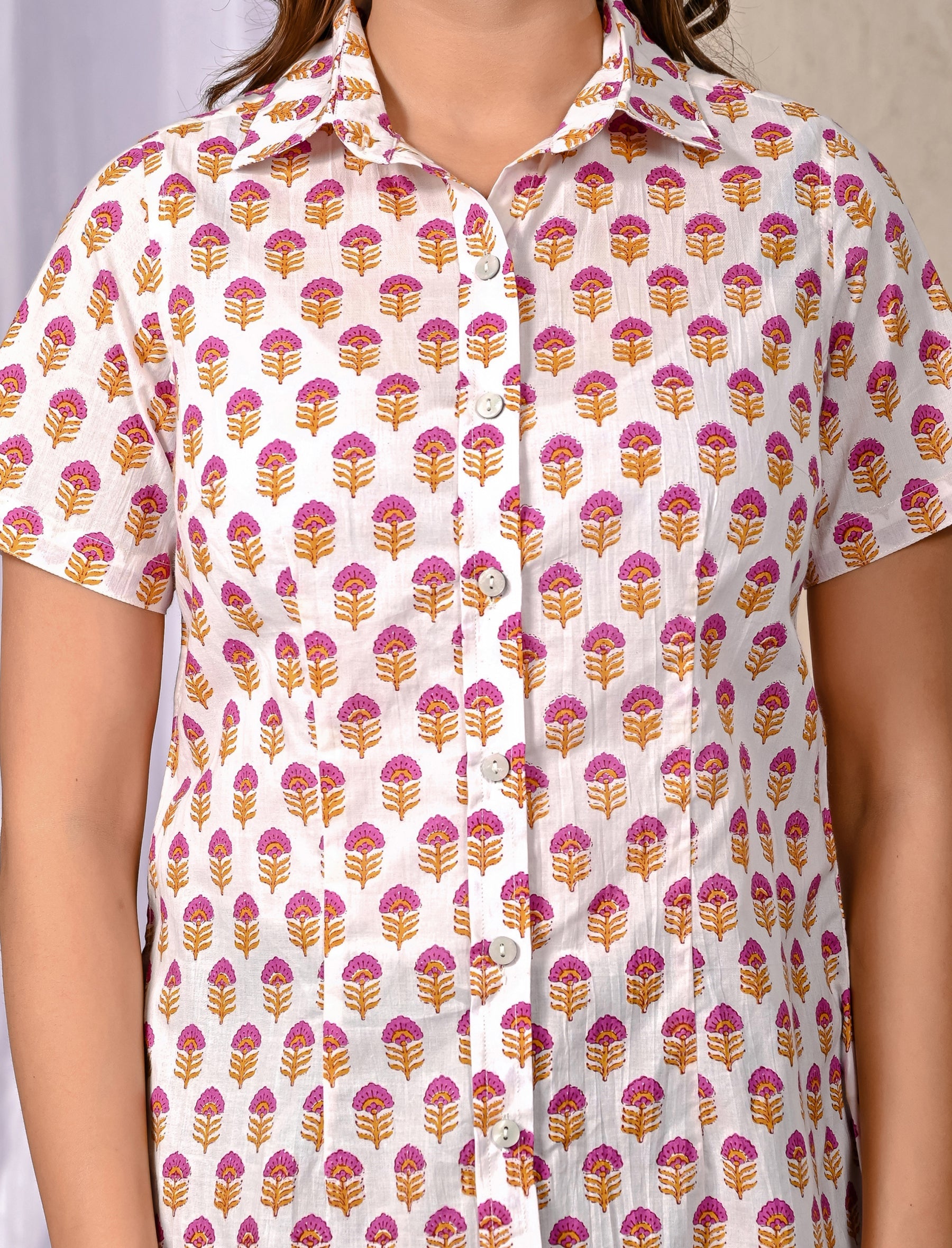 White Cotton Printed Half Sleeves Shirt For Women