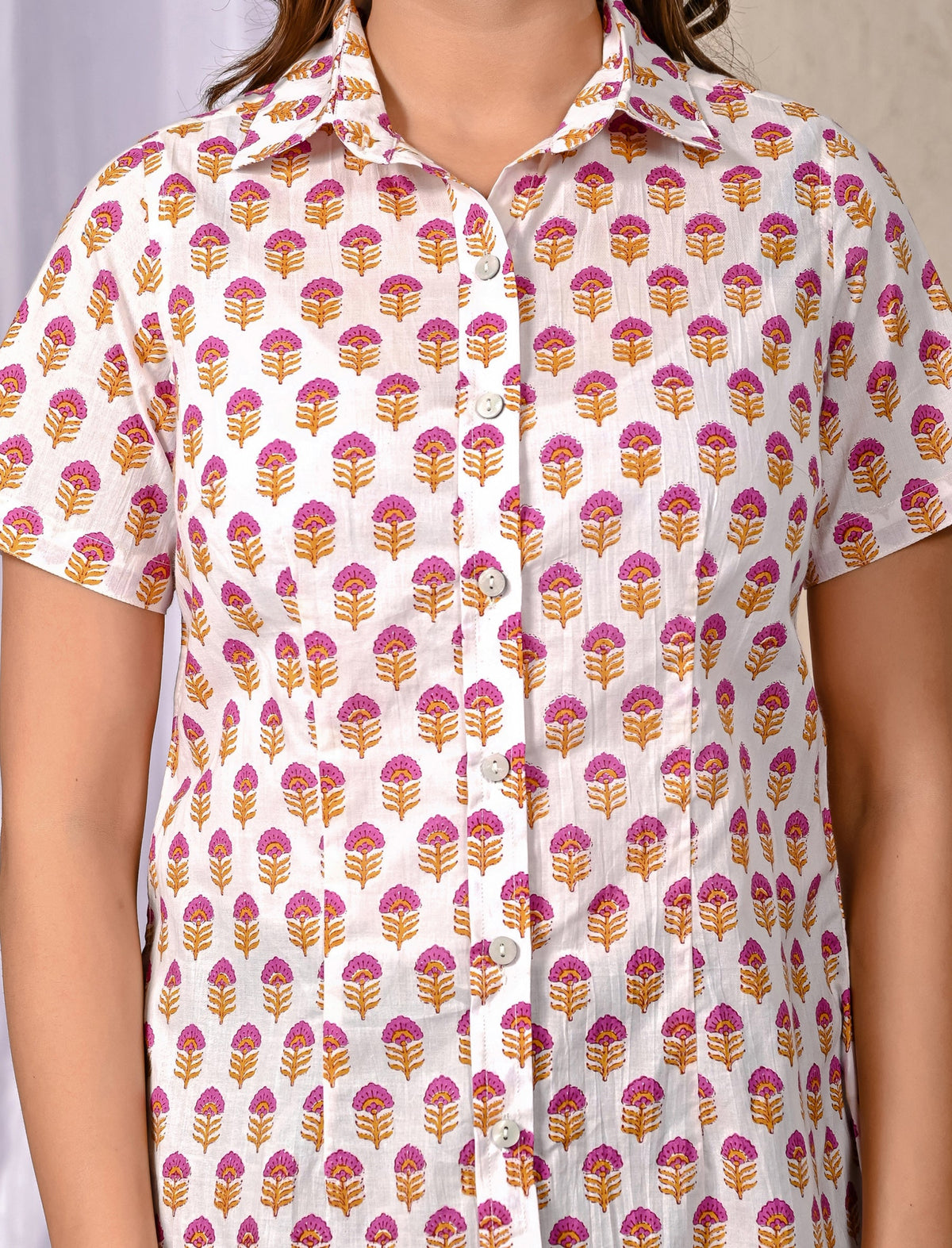White Cotton Printed Half Sleeves Shirt For Women