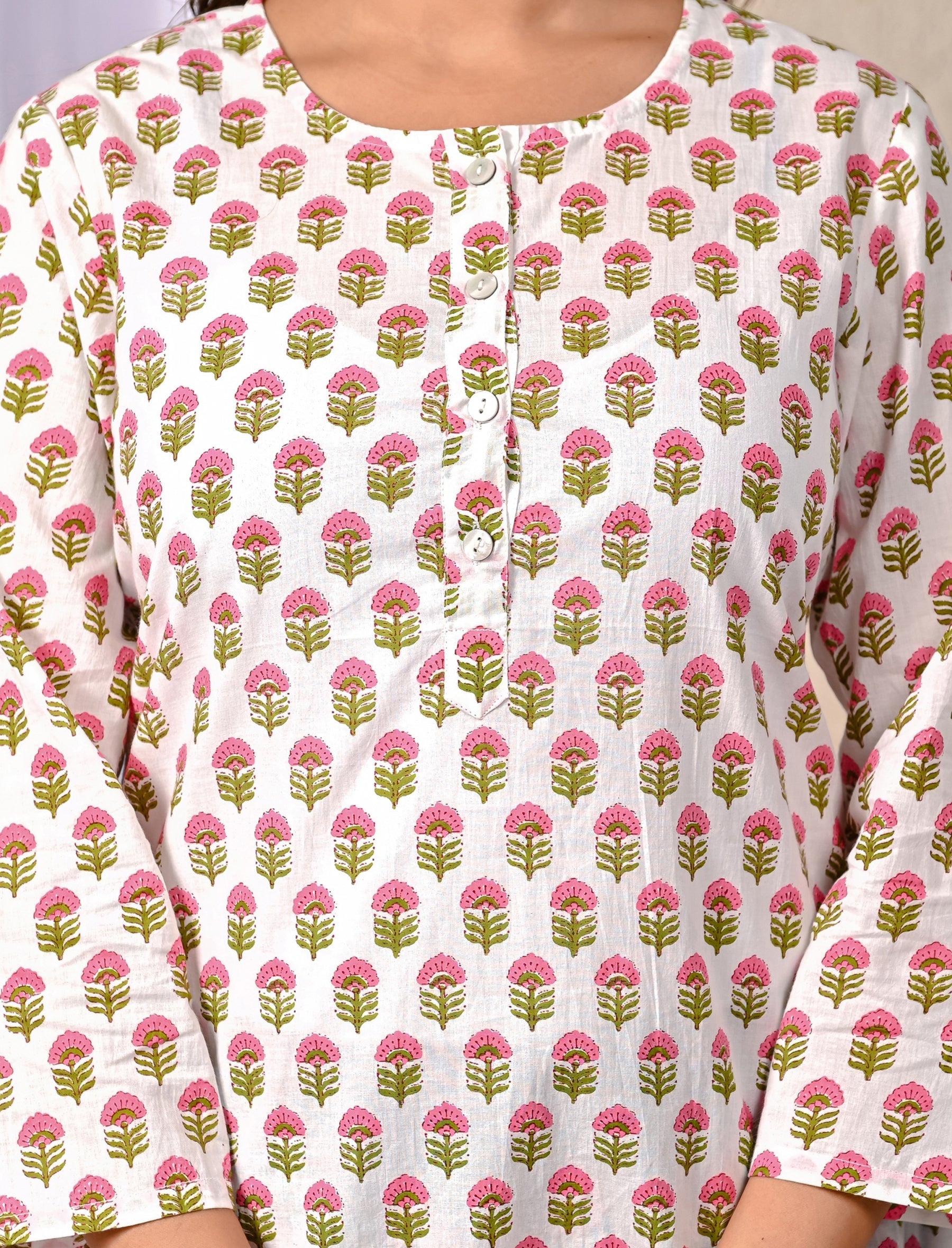 White Blue Butti Printed Cotton Co-Ord Set