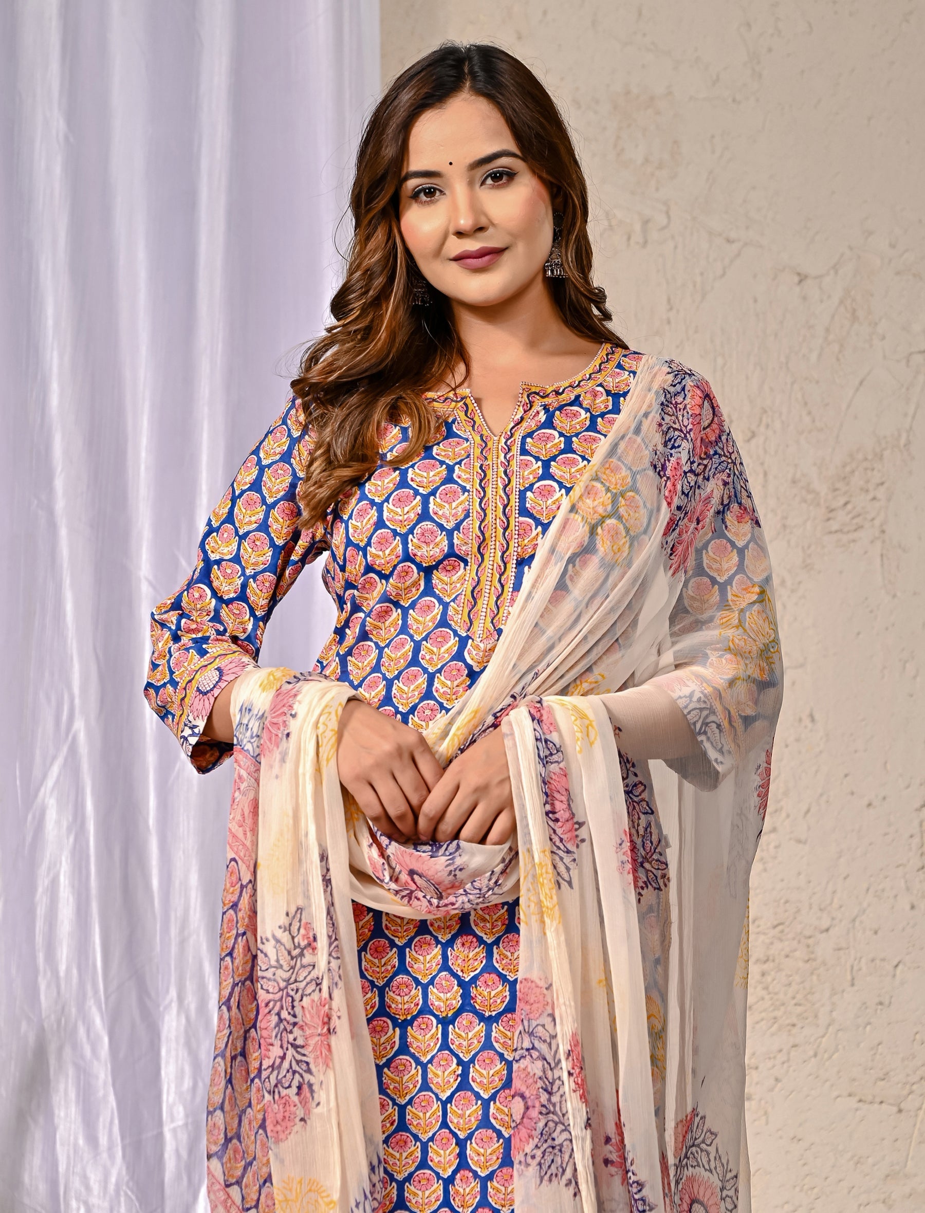 Blue Block Printed Cotton Kurta Pant Set