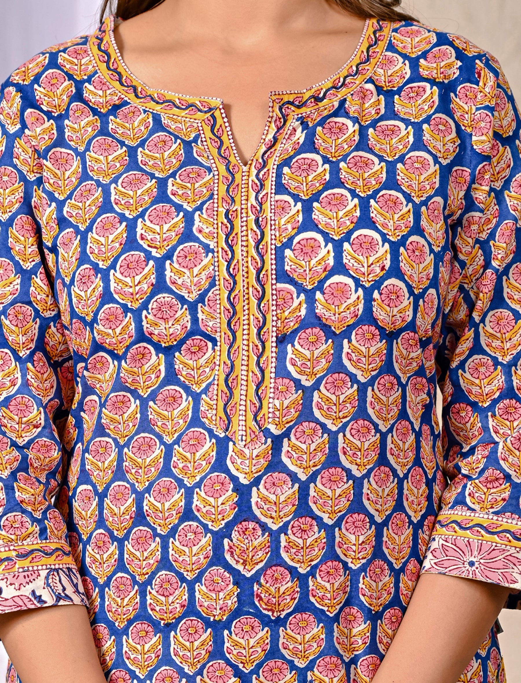 Blue Block Printed Cotton Kurta Pant Set