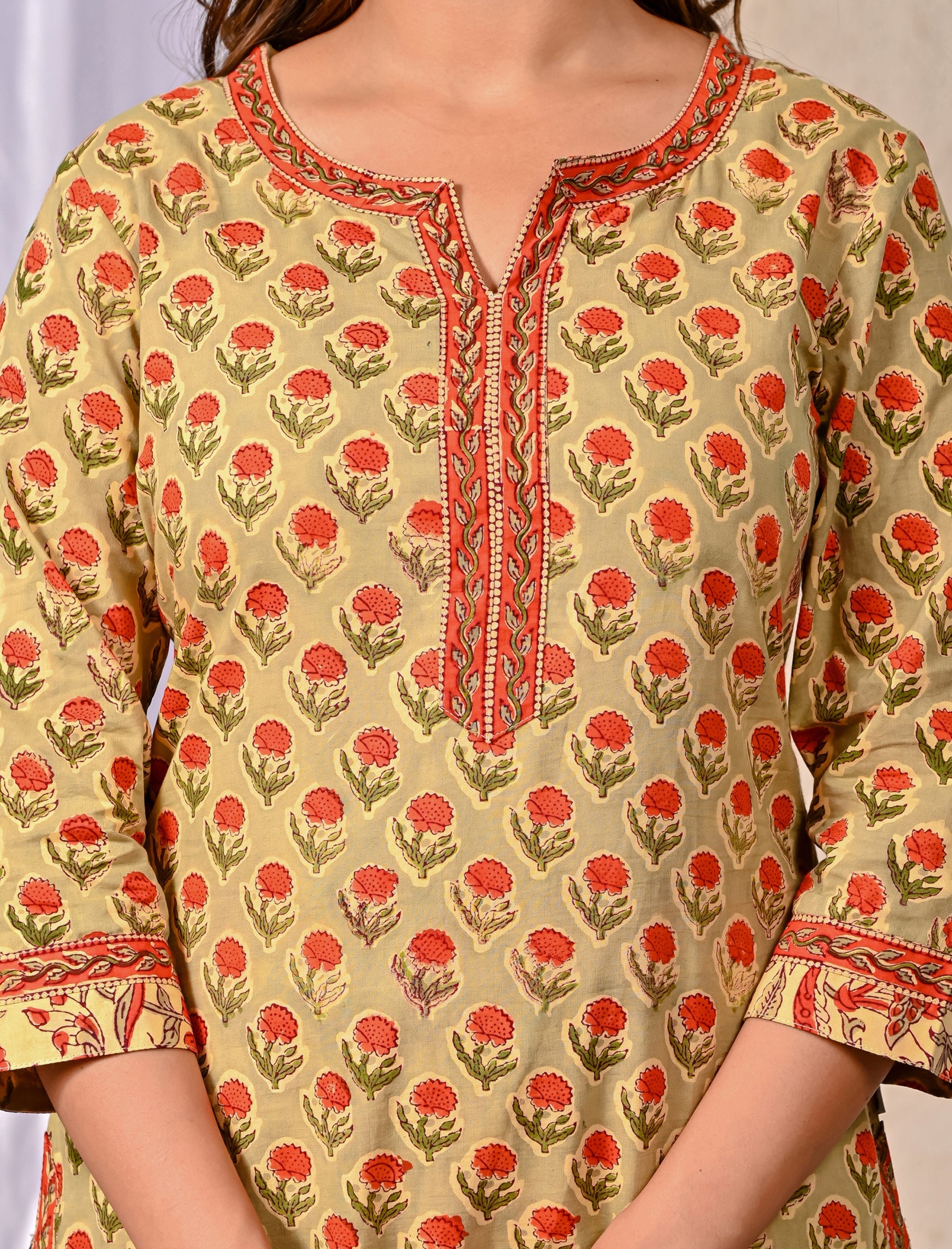 Mehendi Block Printed Cotton Kurta Pant Set