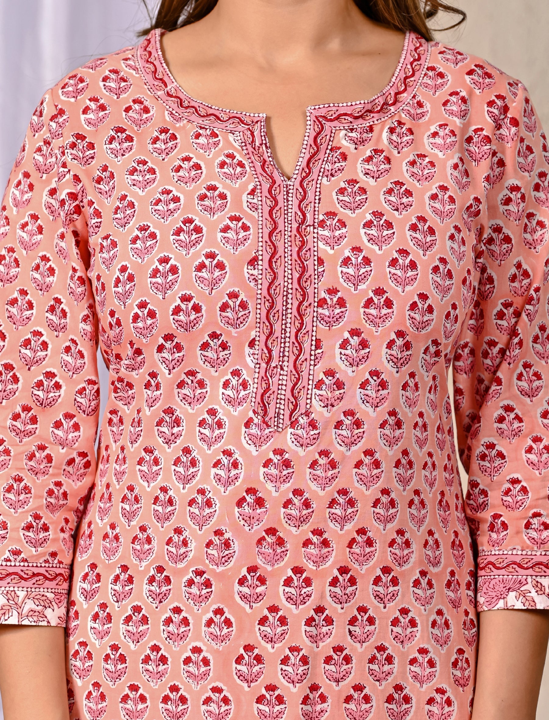Peach Block Printed Cotton Kurta Pant Set