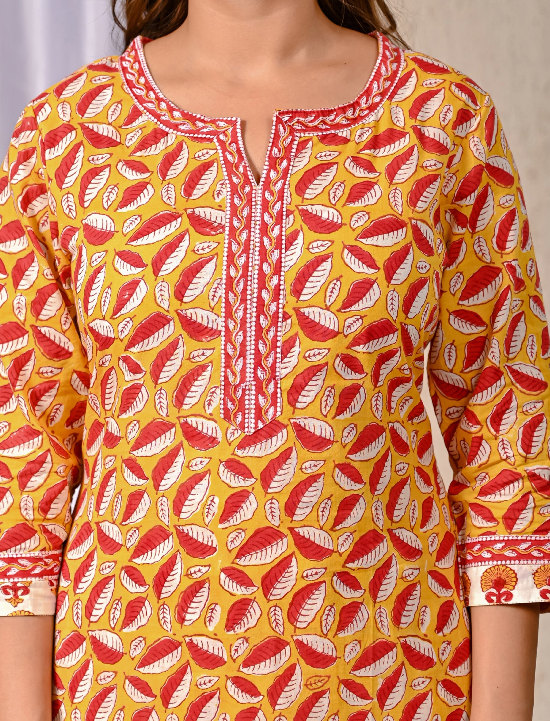 Yellow Block Printed Cotton Kurta Pant Set