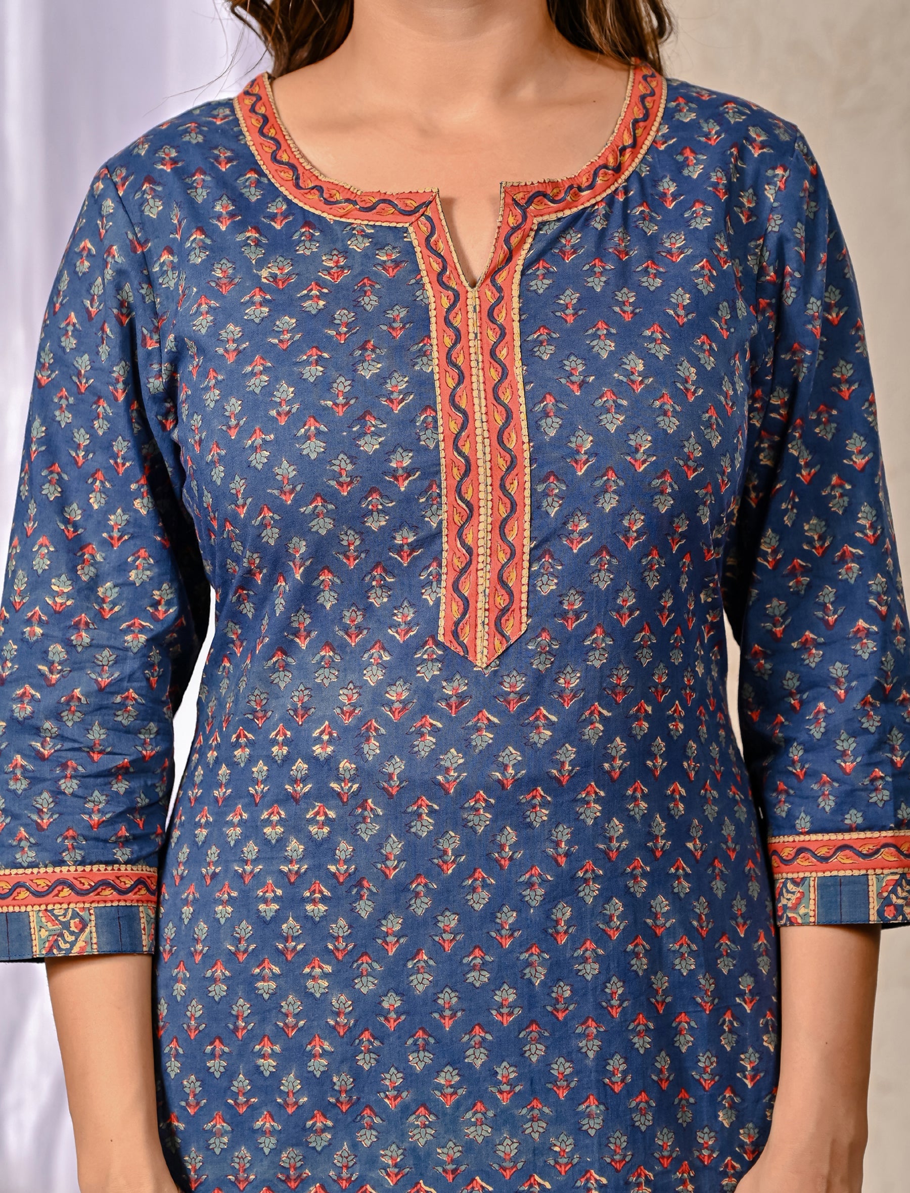 Blue Block Printed Cotton Kurta Pant Set