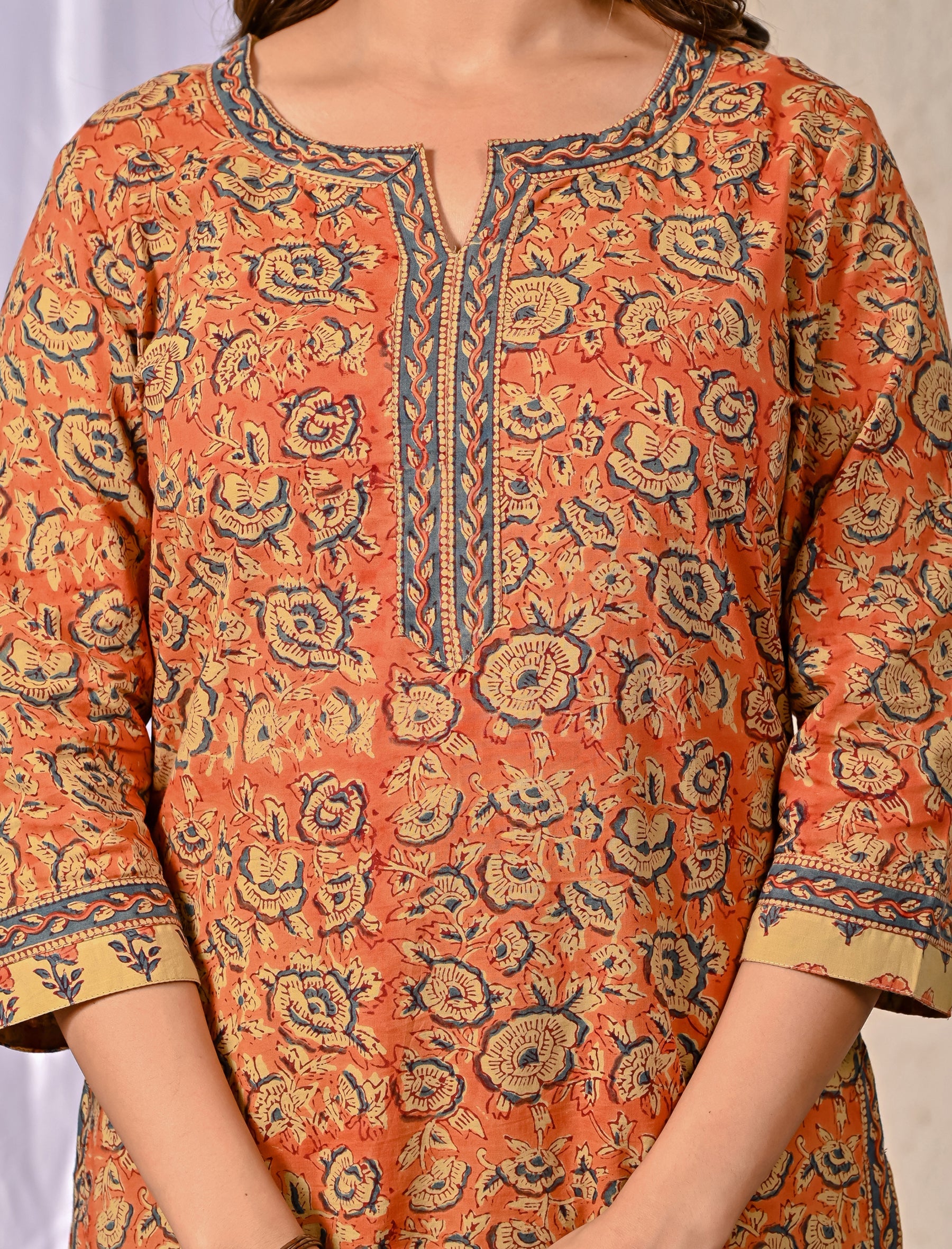 Orange Jaal Block Printed Cotton Kurta Pant Set