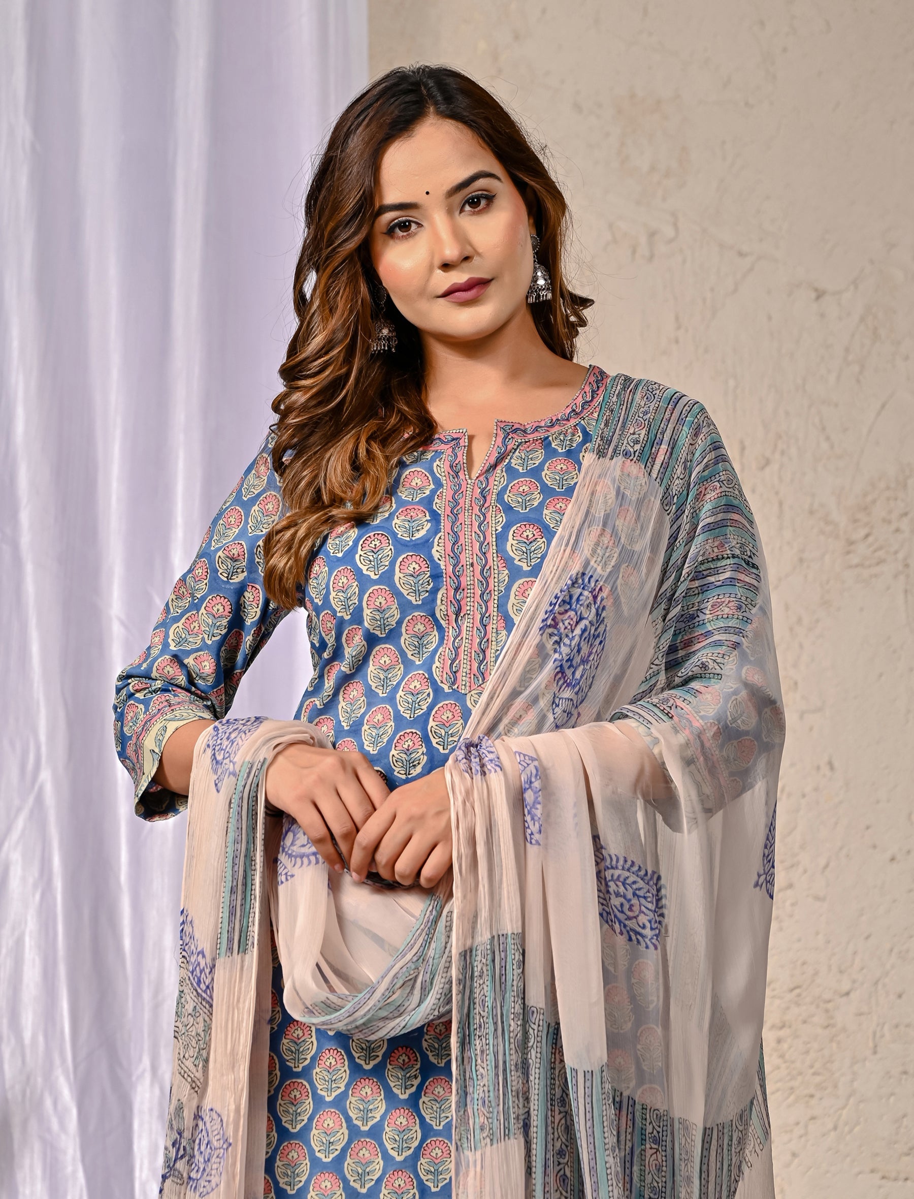 Blue Butta Block Printed Cotton Kurta Pant Set