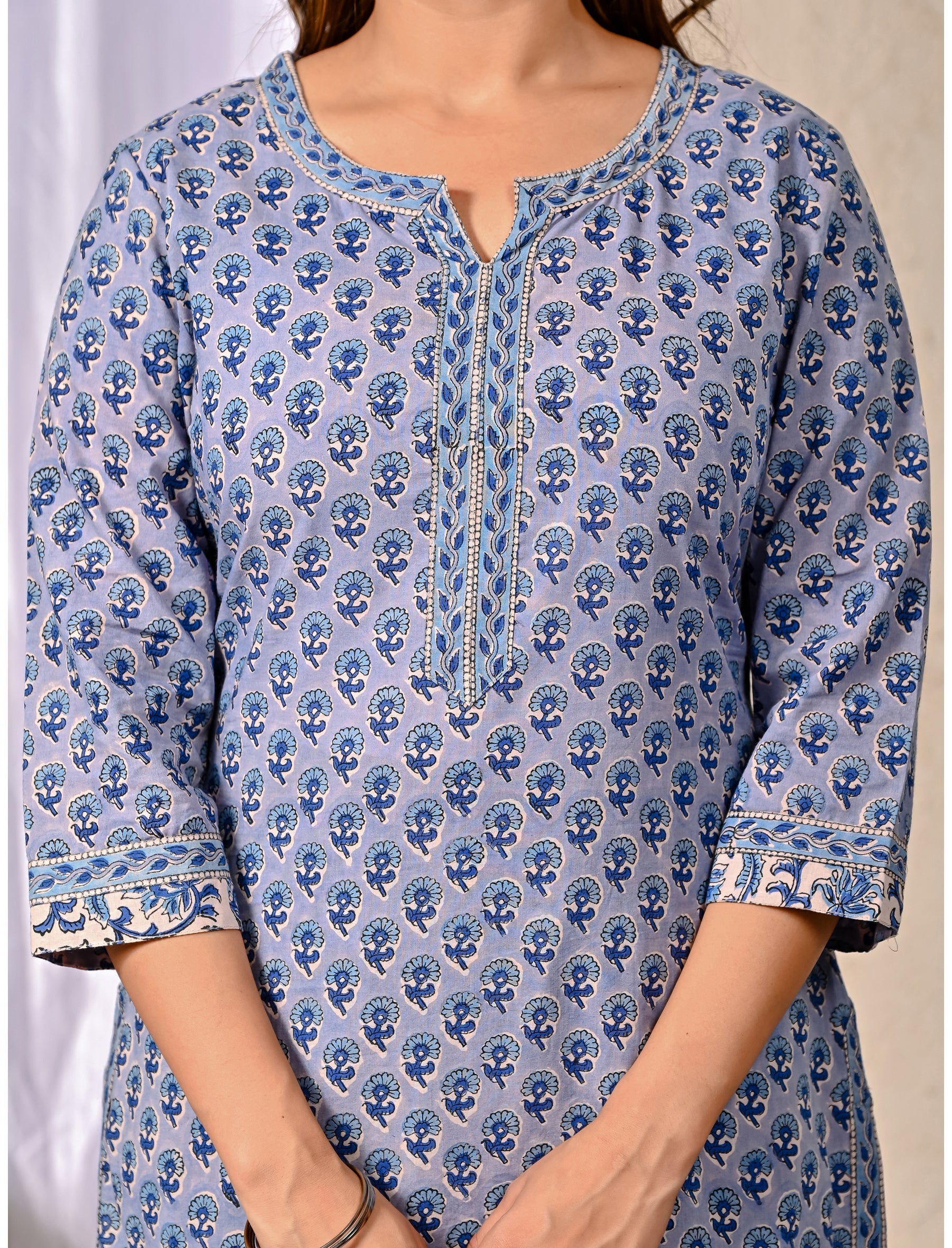 Grey Butti Block Printed Cotton Kurta Pant Set