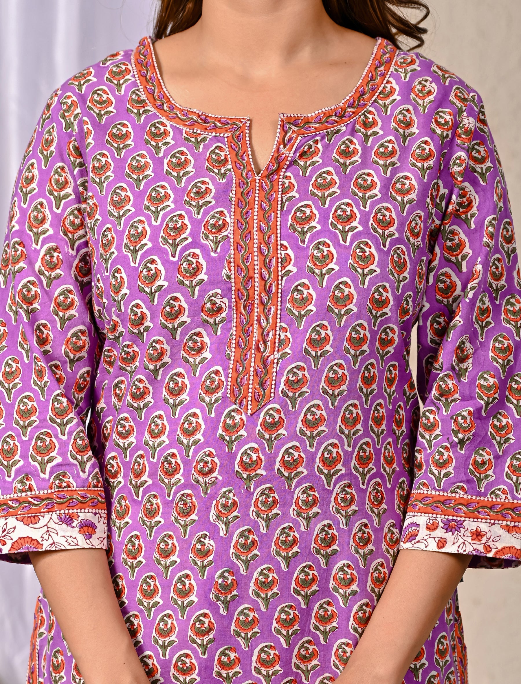 Purple Butta Block Printed Cotton Kurta Pant Set