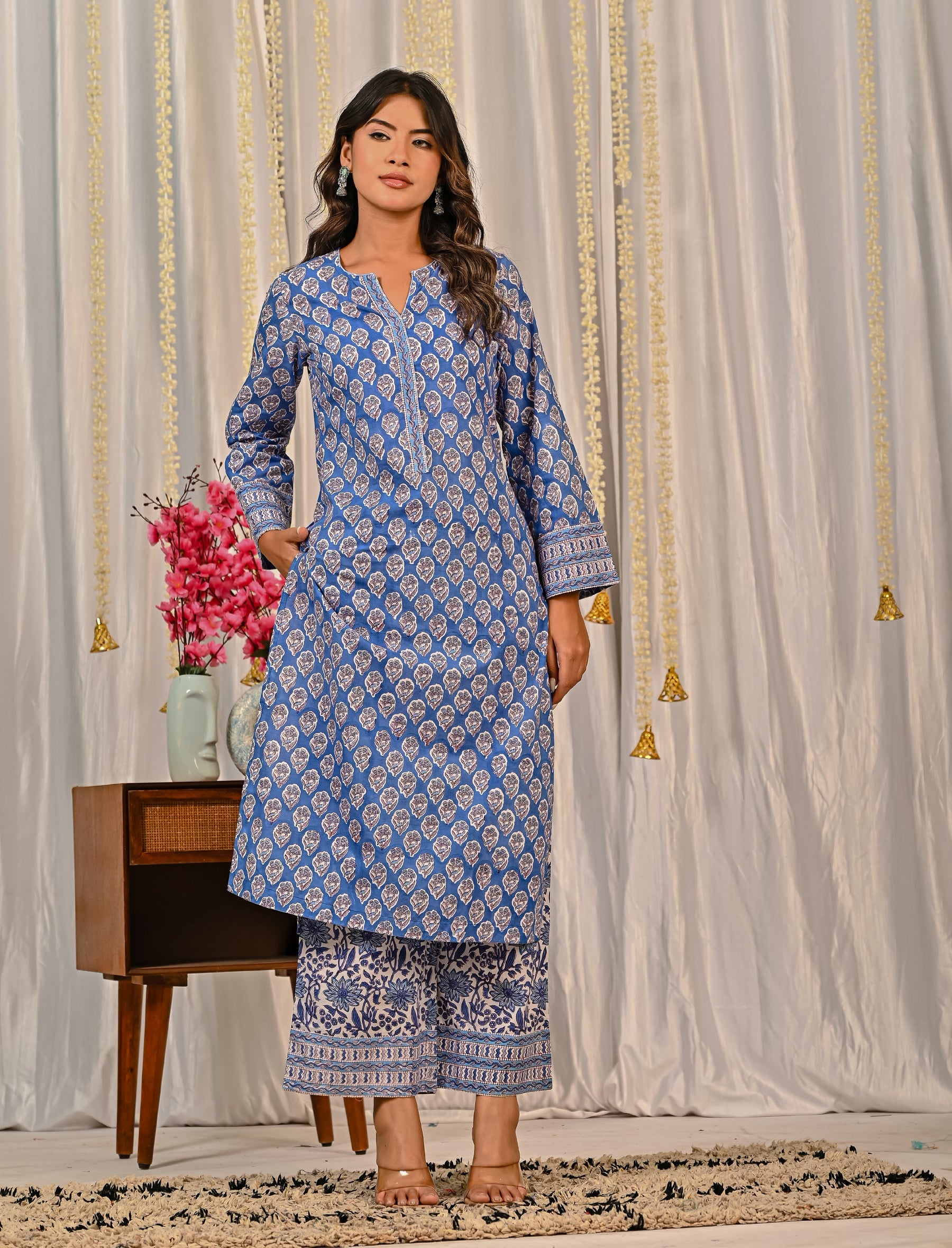 Blue Block Printed Cotton Kurta Pant Set