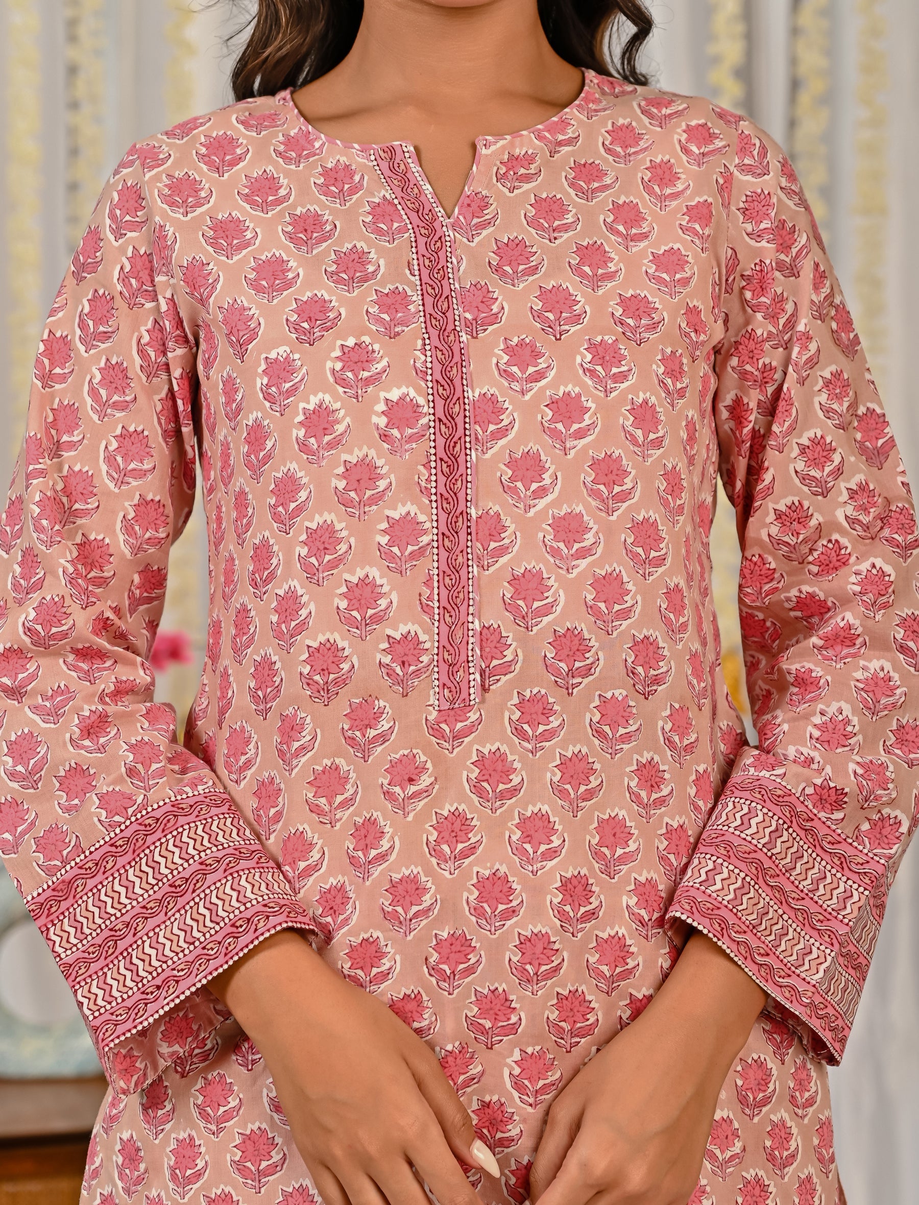Peach Block Printed Cotton Kurta Pant Set