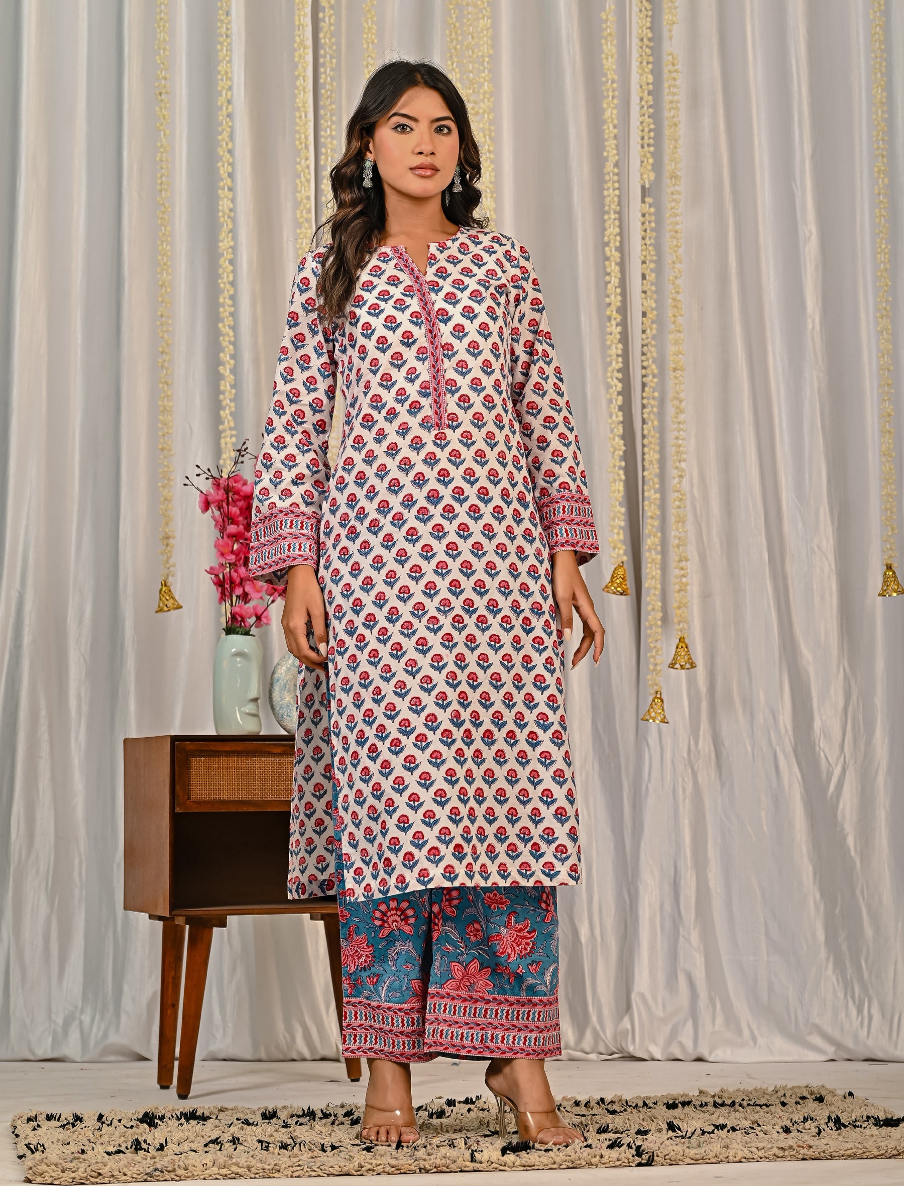 White Block Printed Cotton Kurta Pant Set