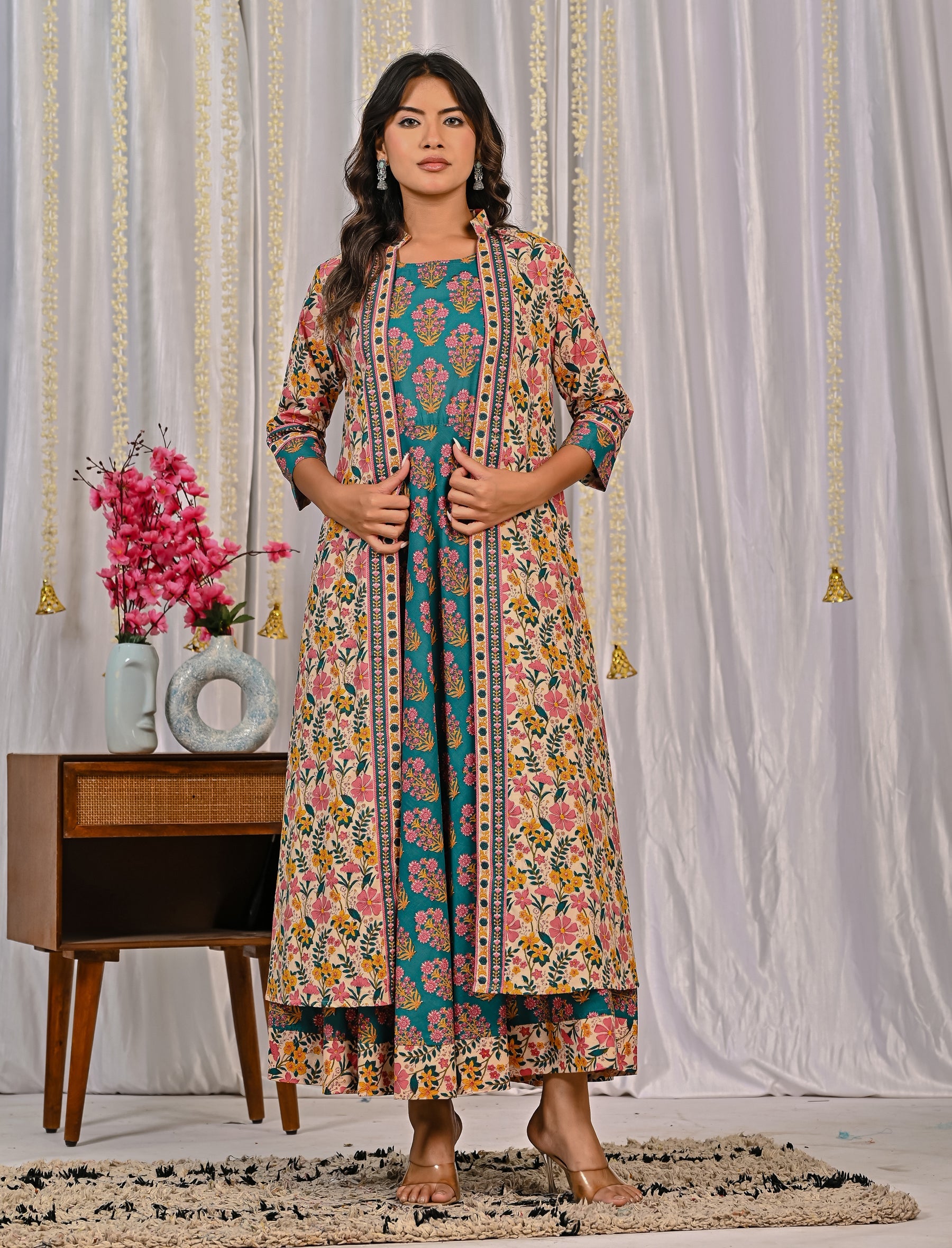 Beige Blue Cotton Printed Long Shrug Dress