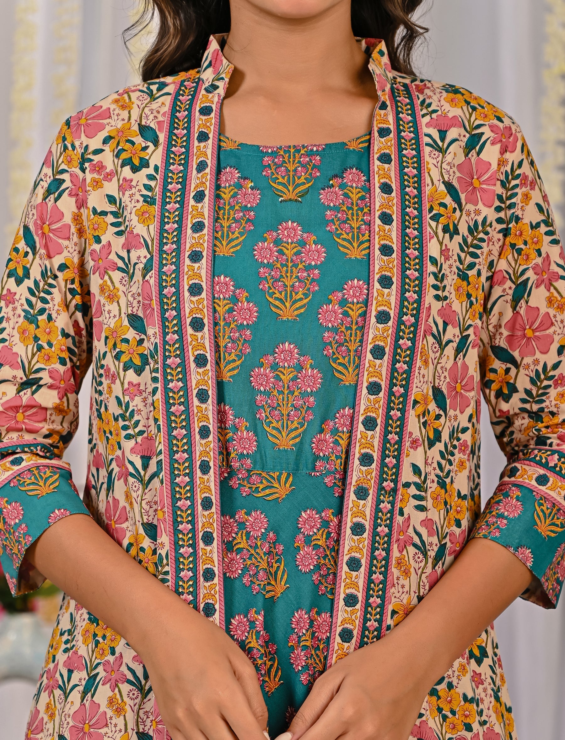 Beige Blue Cotton Printed Long Shrug Dress